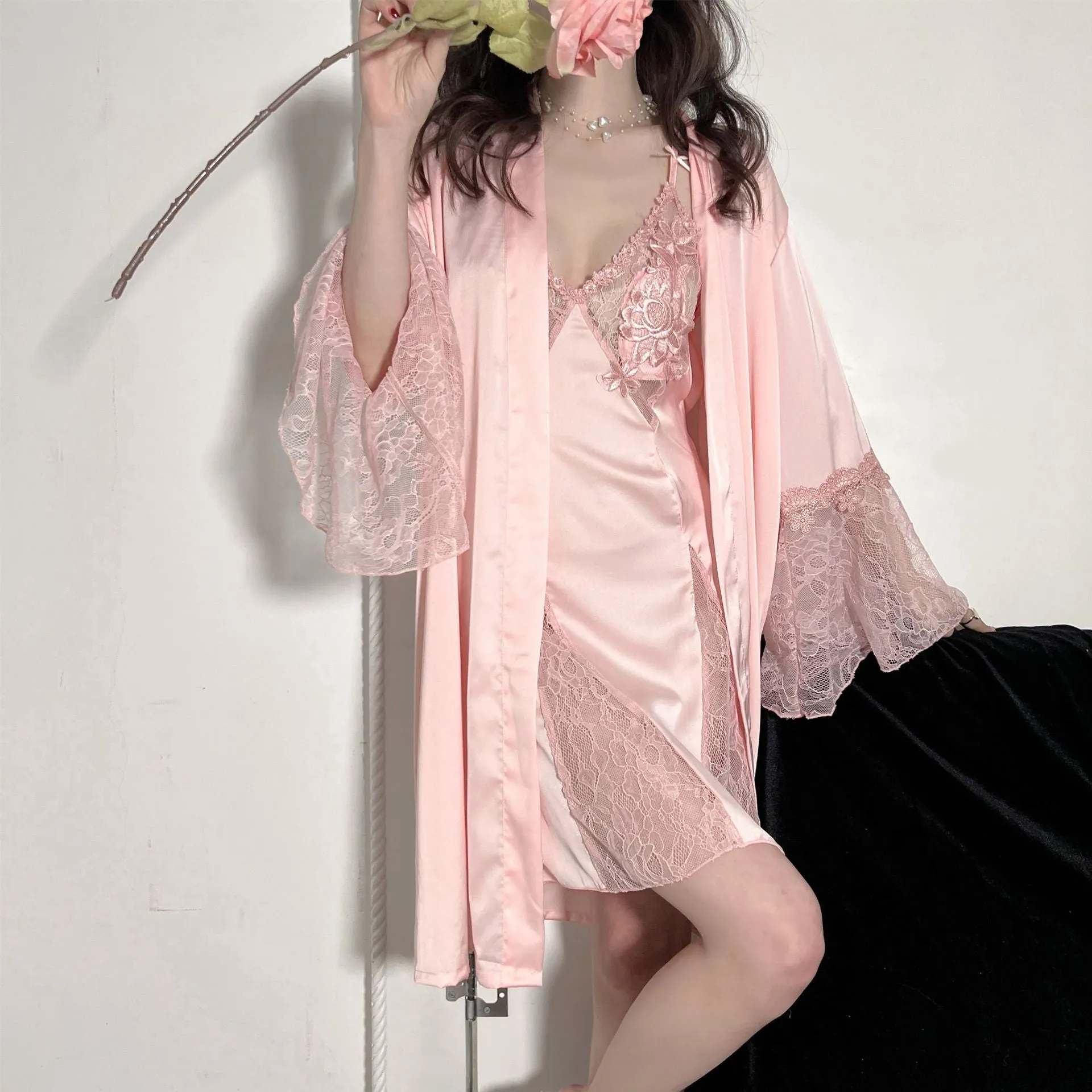 High Quality Women's Pajamas Robe Set Sexy Lace Bell Sleeve Bathrobe Hollow Sling Dress Sleepwear Homewear Nightgown