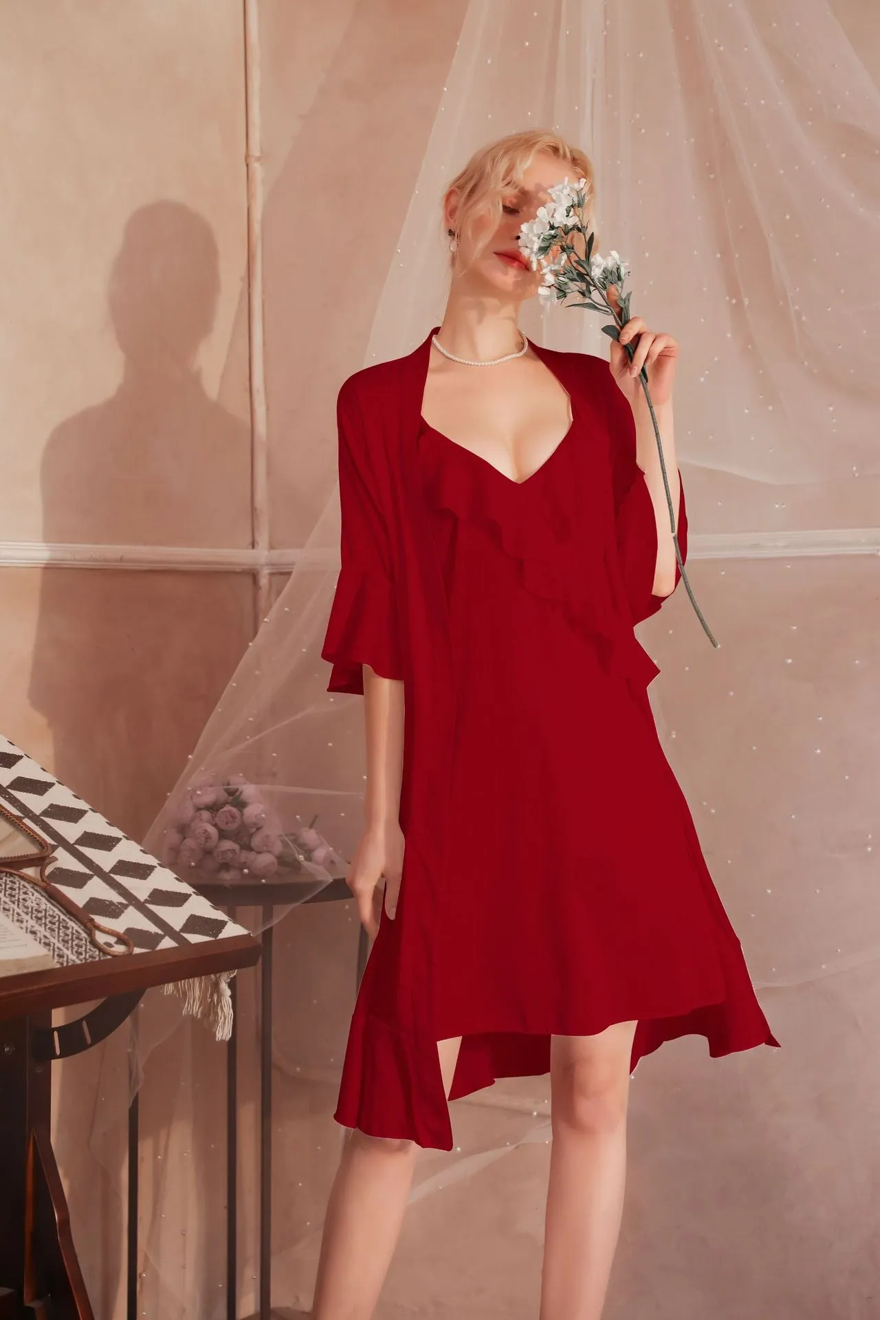 High Quality Women's Pajamas Robe Set Sexy Ruffle edge Bathrobe Deep V Sling Dress Sleepwear Homewear Nightgown Femme