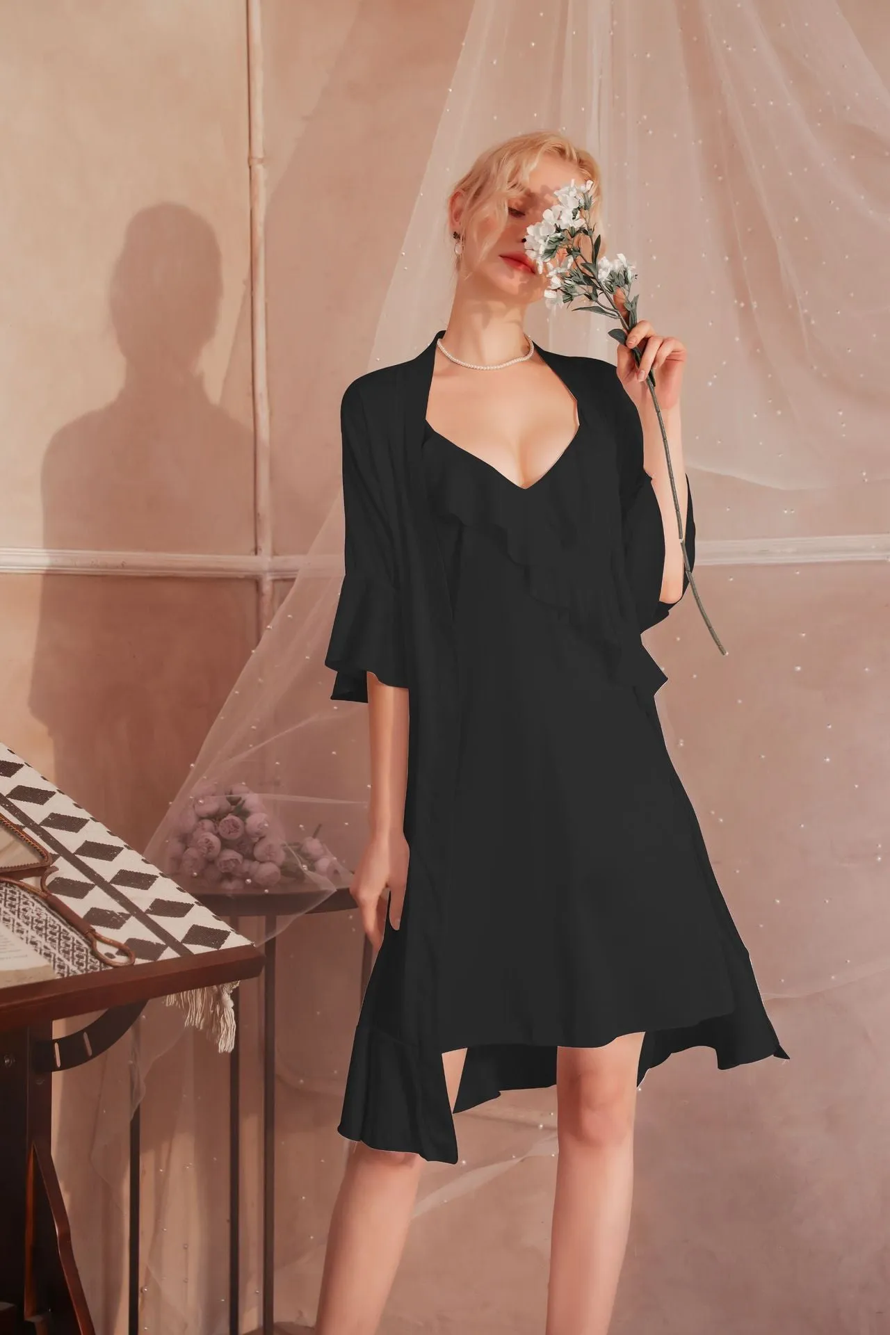 High Quality Women's Pajamas Robe Set Sexy Ruffle edge Bathrobe Deep V Sling Dress Sleepwear Homewear Nightgown Femme