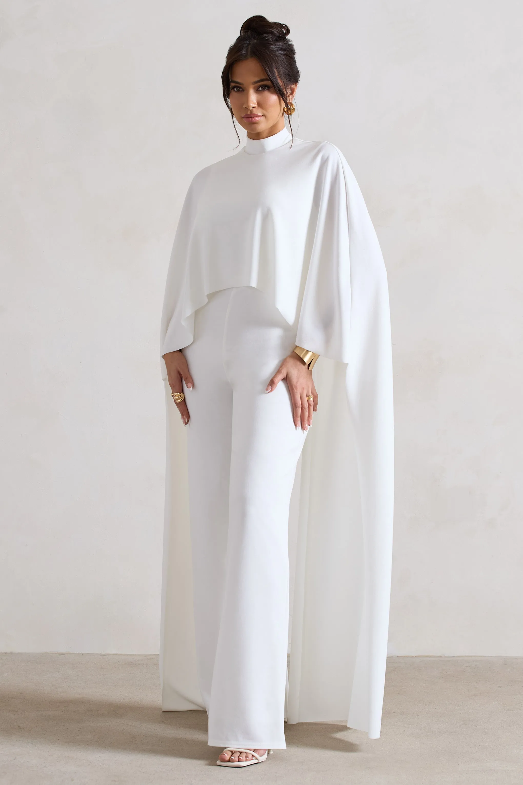 Indra | White High-Neck Wide-Leg Cape Jumpsuit