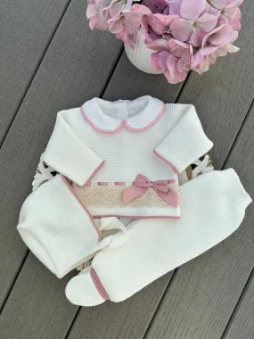 Ivory Baby Knitted Set With Lace Details In old Pink