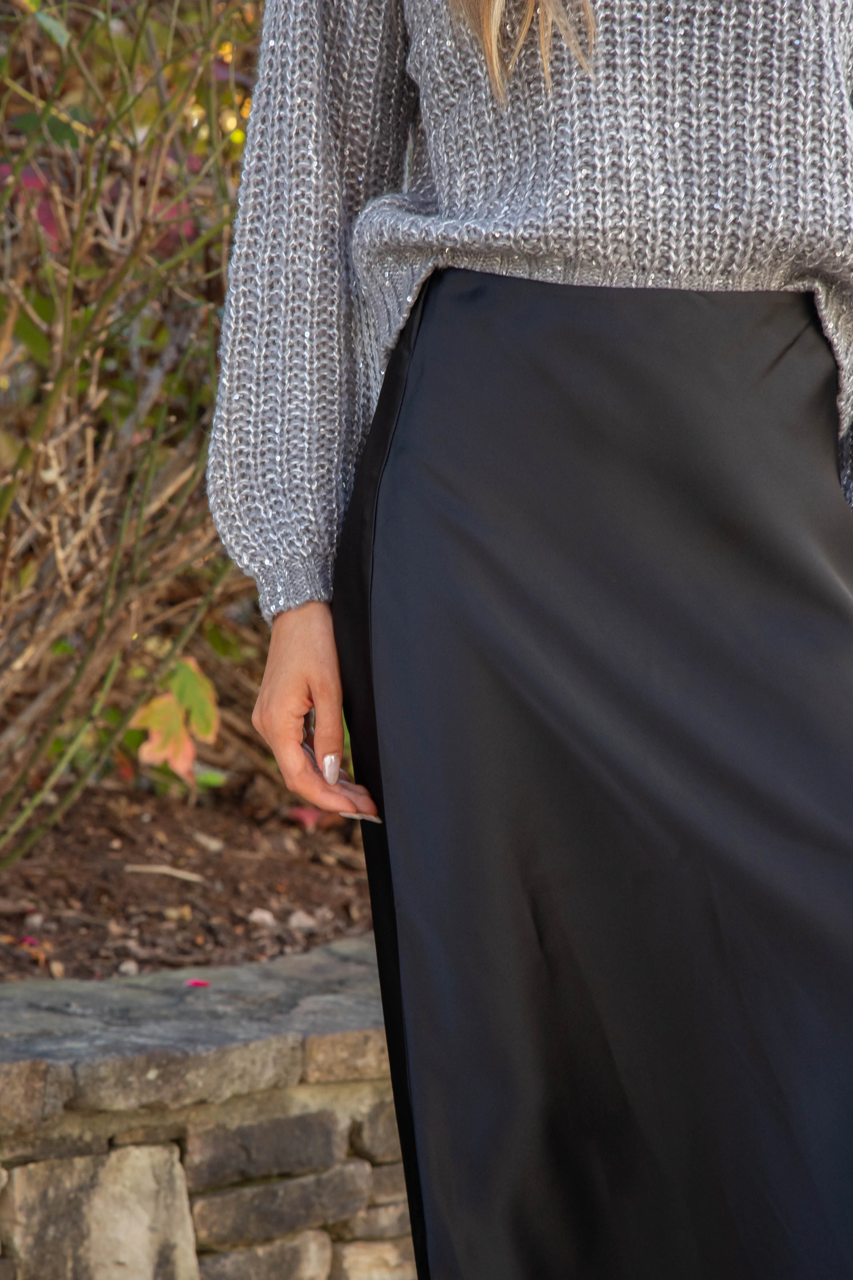 Jeannie Satin Maxi Skirt, Black | Steve Madden