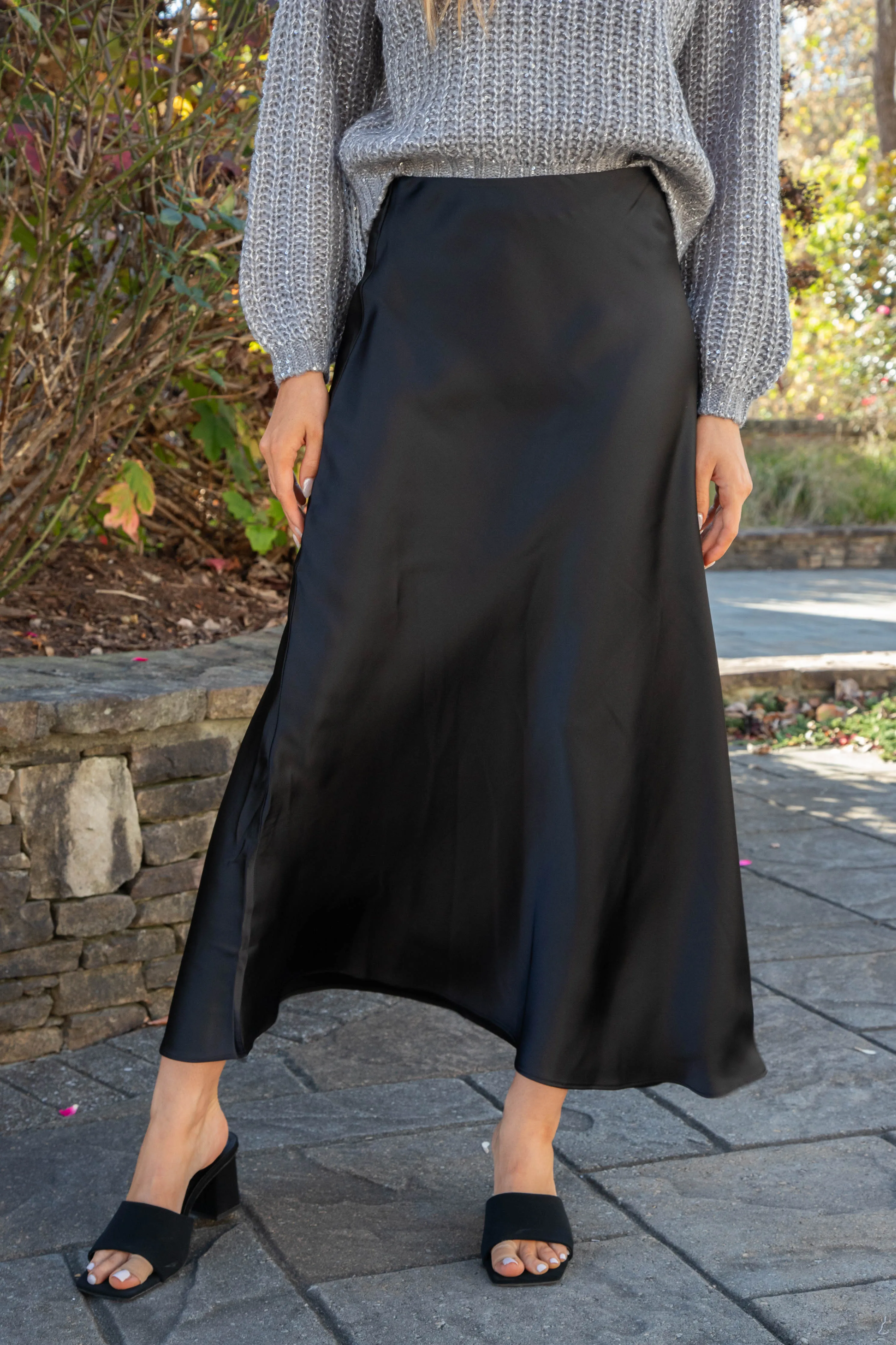 Jeannie Satin Maxi Skirt, Black | Steve Madden