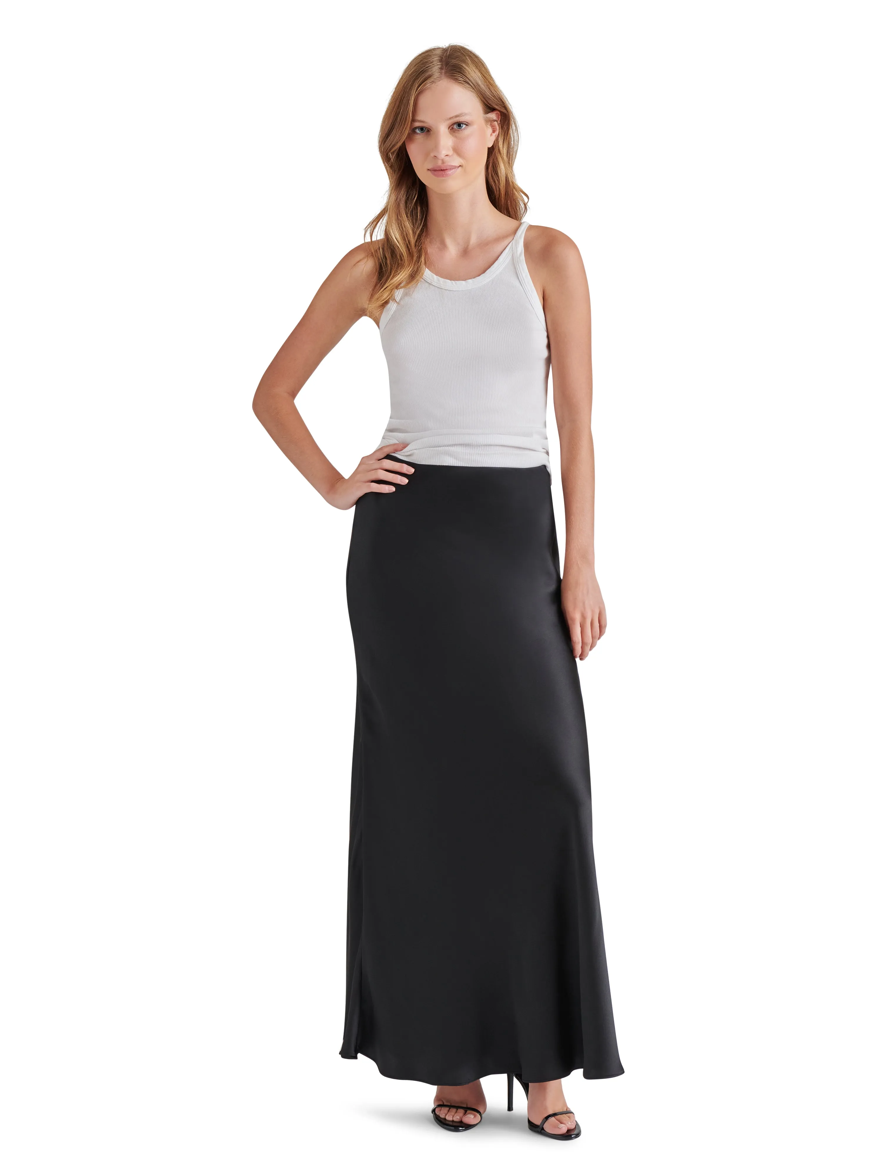 Jeannie Satin Maxi Skirt, Black | Steve Madden