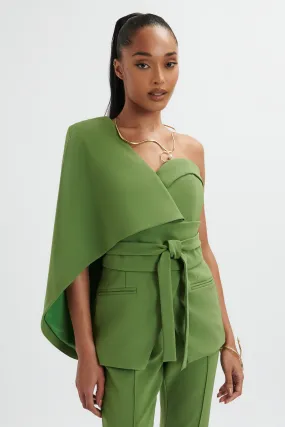 JUNO Obi Belted Asymmetric Cape Blazer In Green