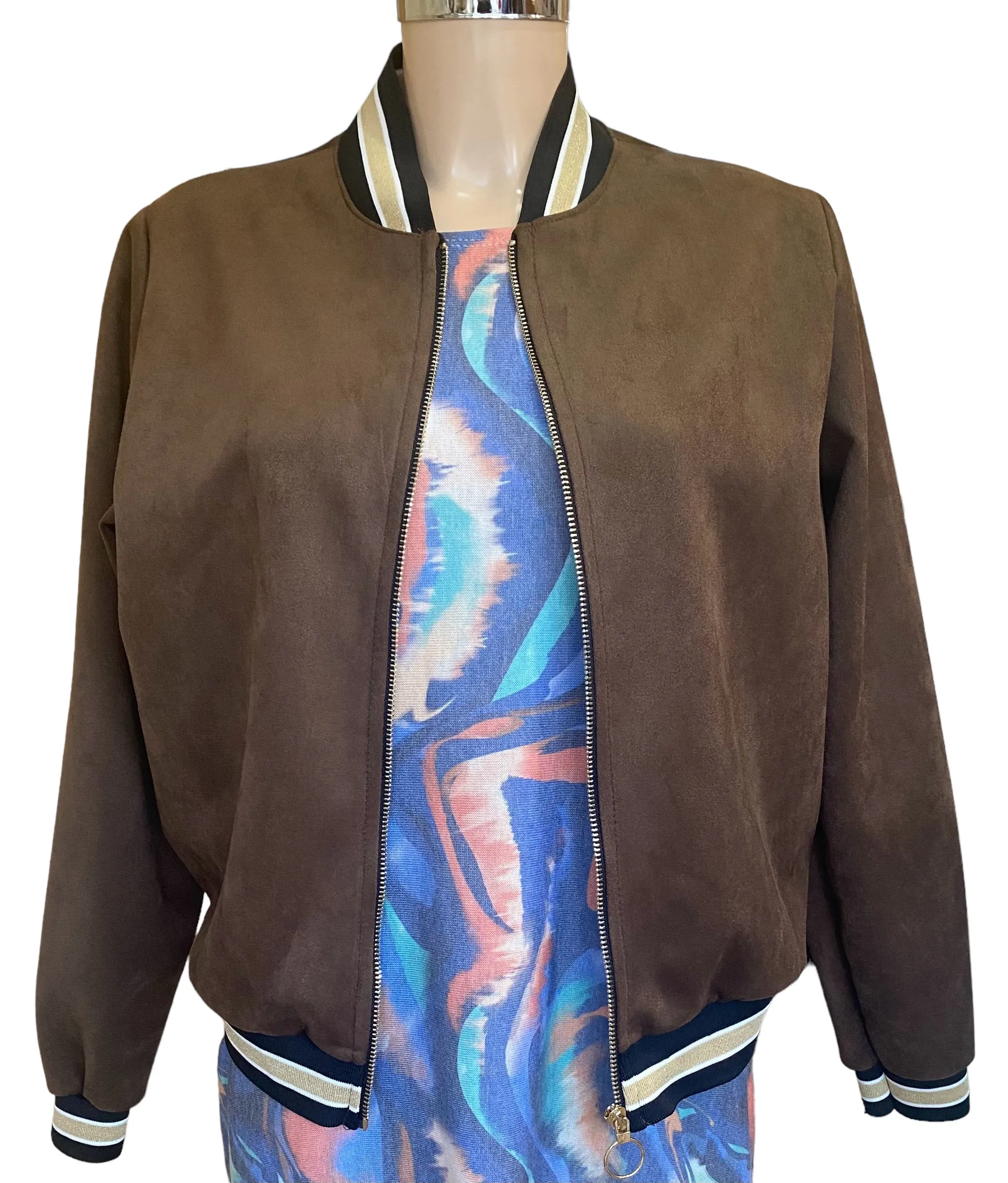 Kimmy Plain Suedette Stretchy  Bomber Jacket With Rib Detail (3 Colours)