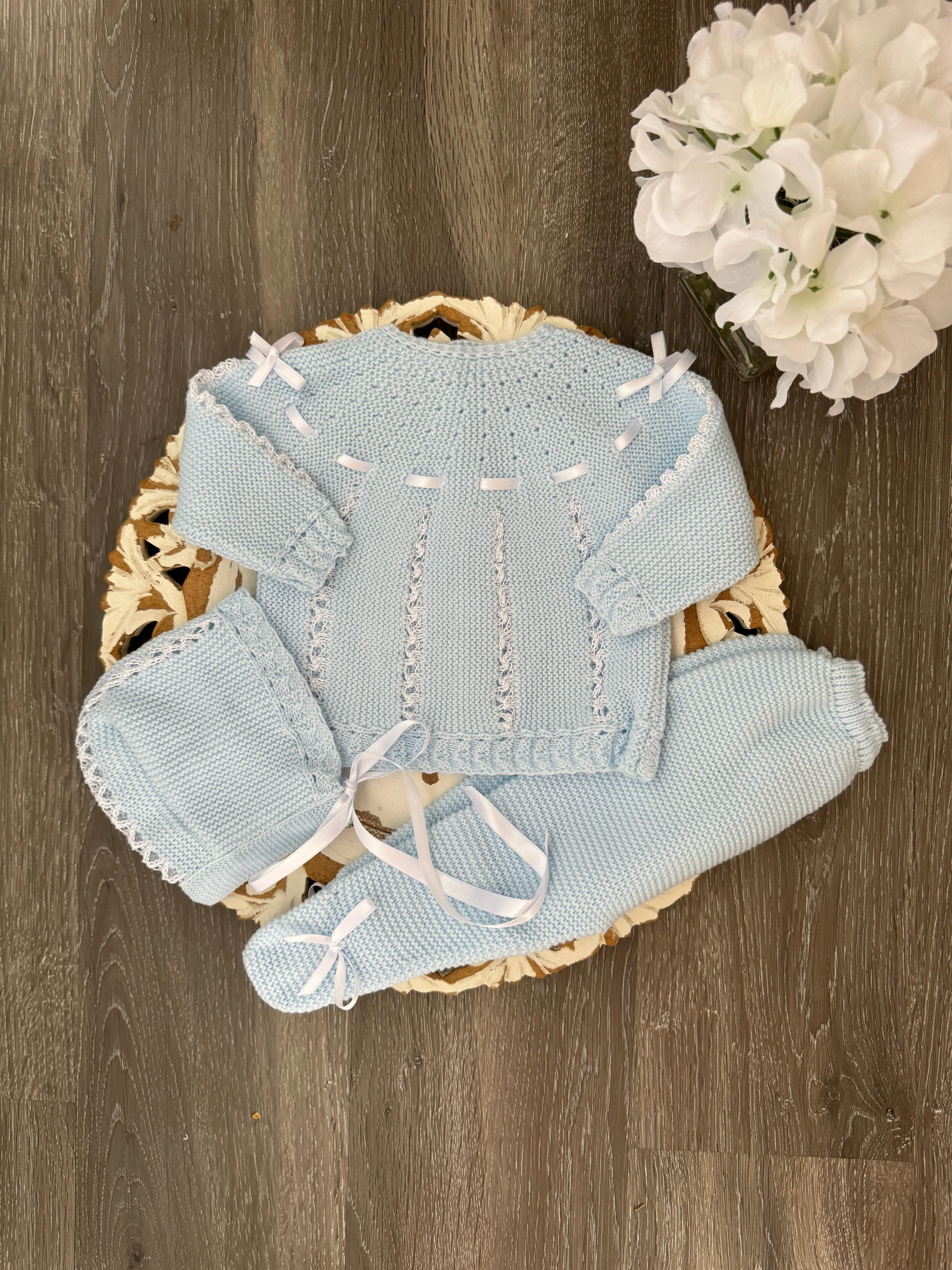 Lace Intertwined Chest Baby Knitted Set in Blue and White