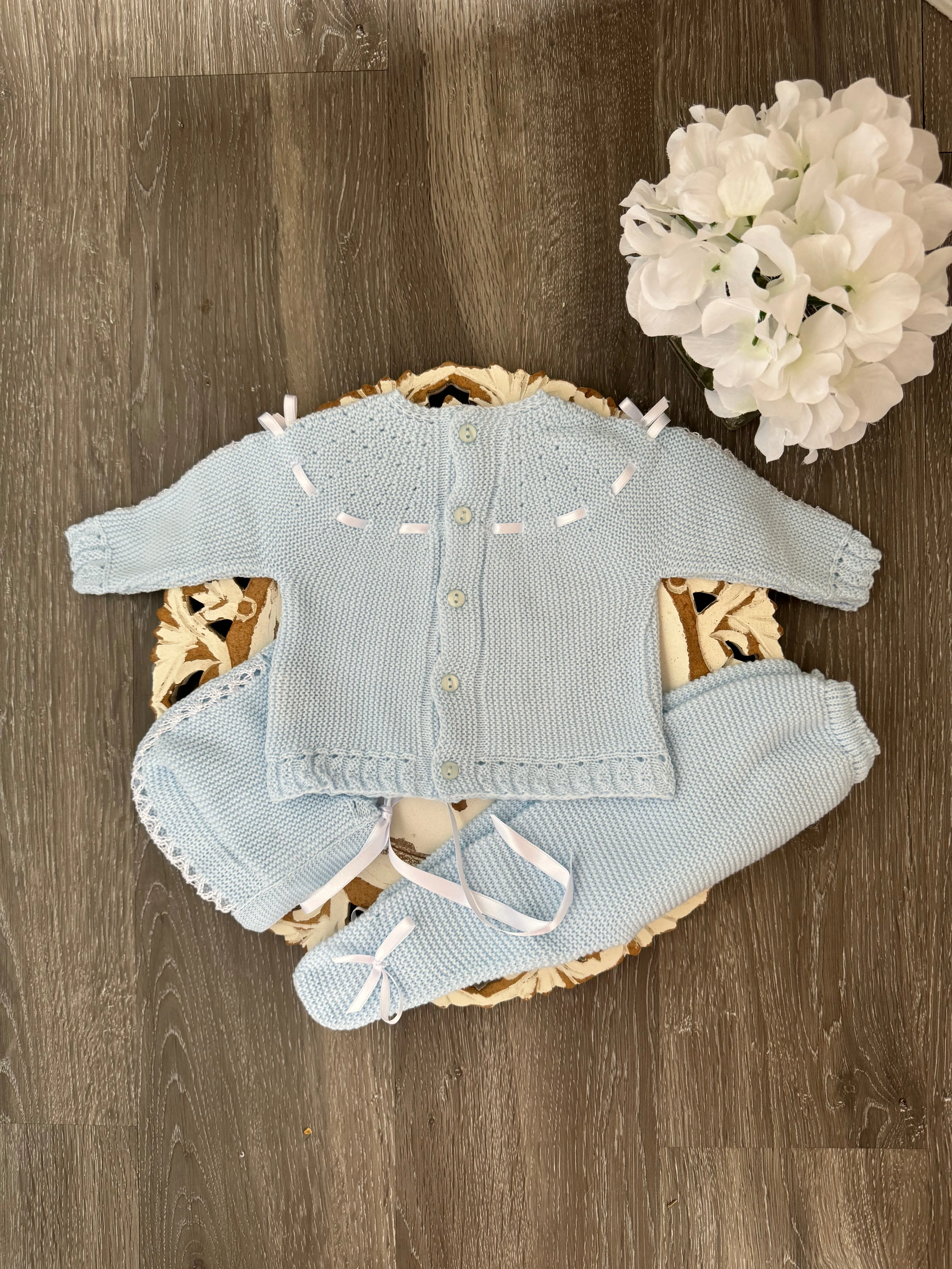 Lace Intertwined Chest Baby Knitted Set in Blue and White