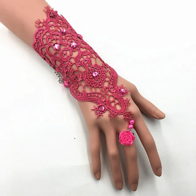 Lace Pearl Rhinestones Bridal Opera Fingerless Gloves with Ring Finger Rose Accent