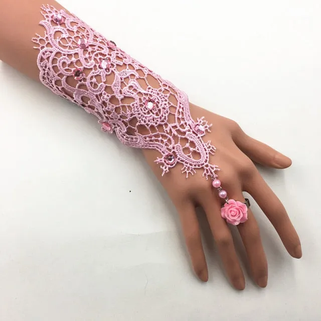 Lace Pearl Rhinestones Bridal Opera Fingerless Gloves with Ring Finger Rose Accent