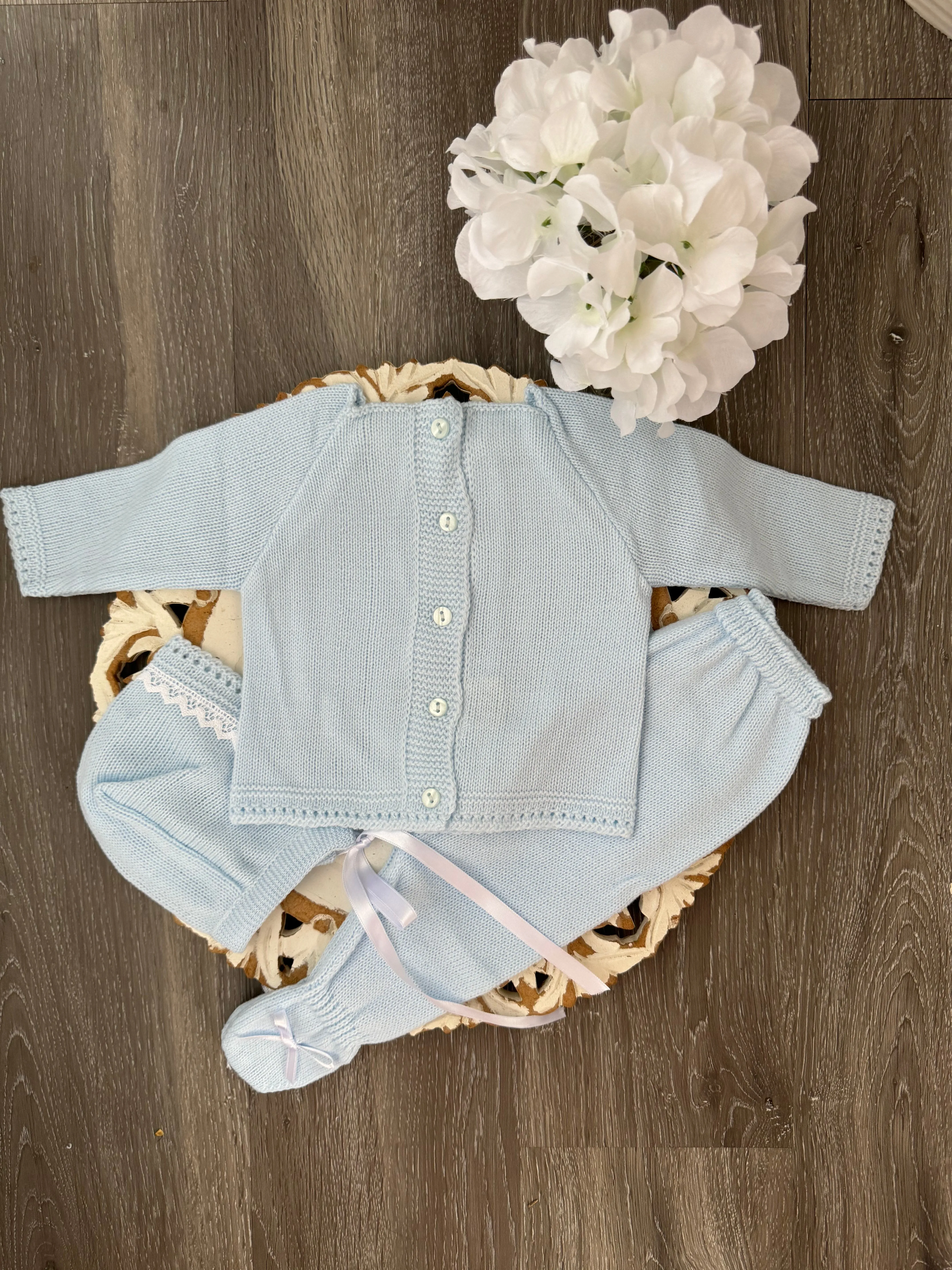 Lace Trim Baby Knitted Set in Blue and White