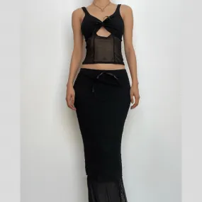 Lace v neck sleeveless hollow out solid patchwork maxi skirt set