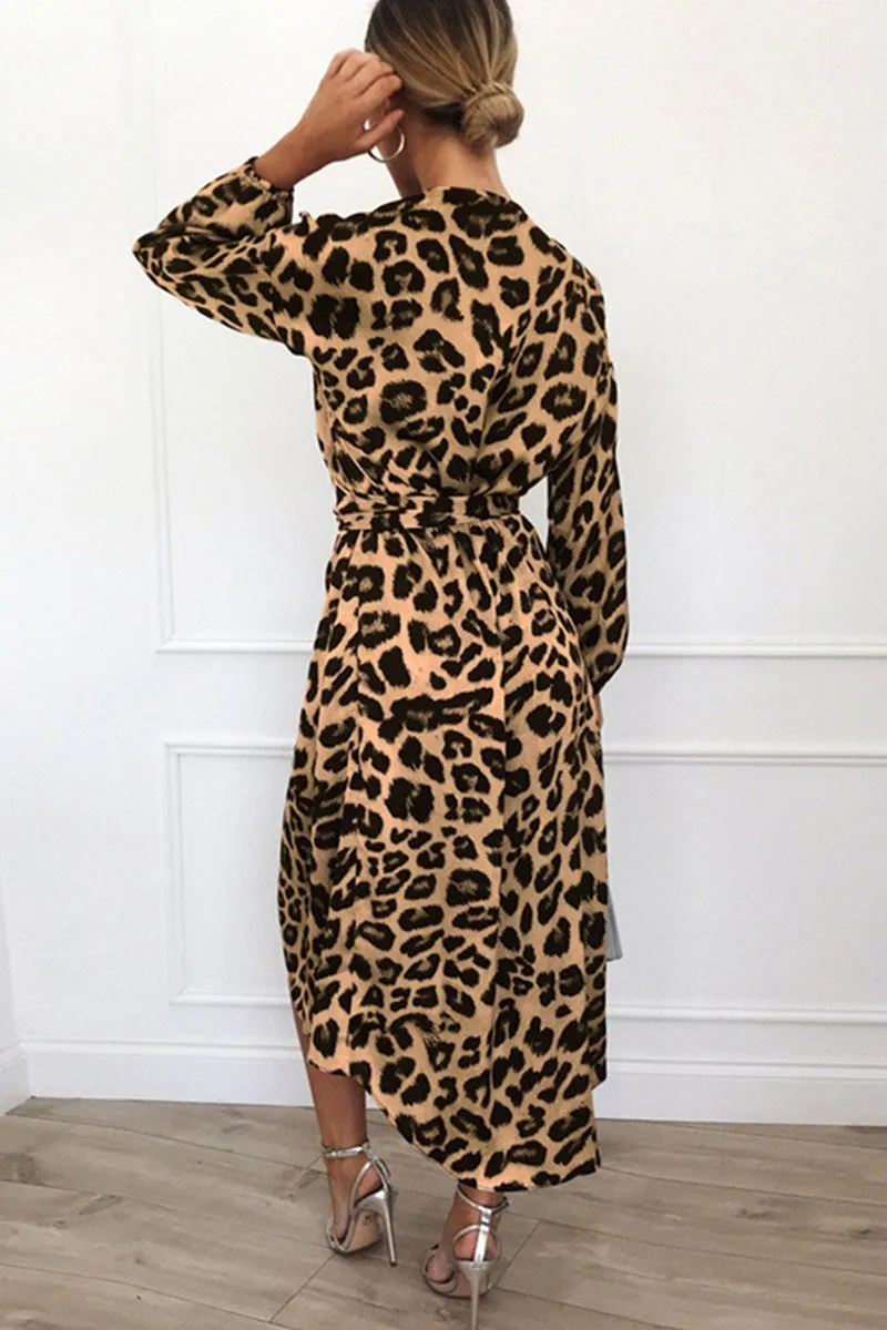 Leopard Print Wrap V Neck Dress