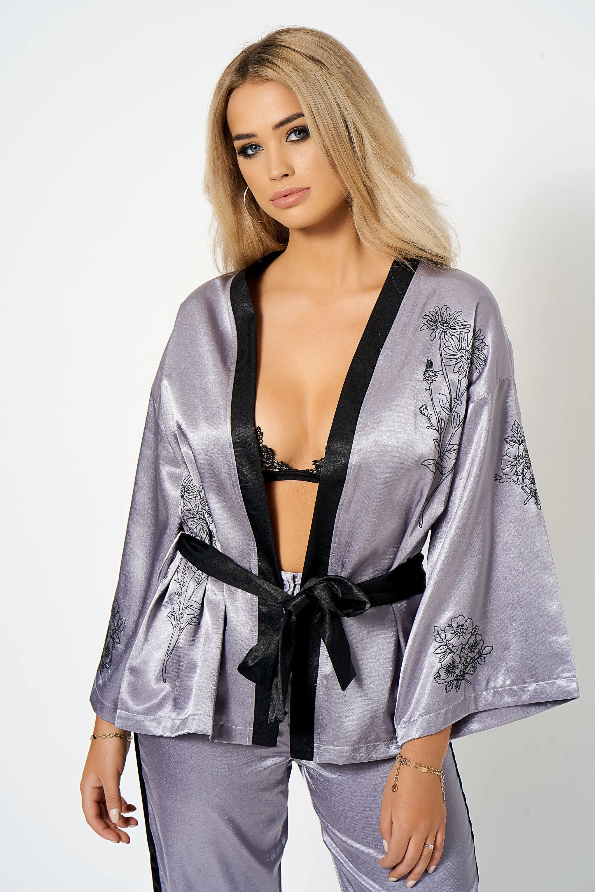 Lilac Embroidered Co-ord Kimono Jacket