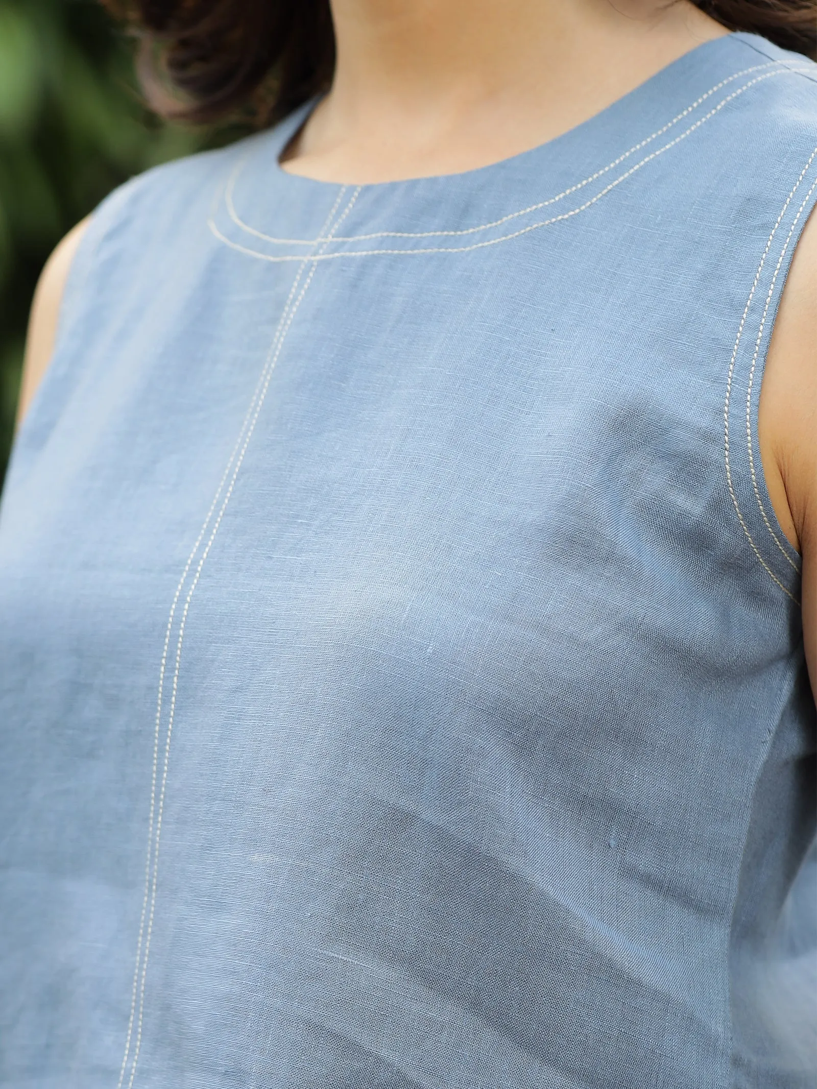 Lily - Pure Linen Sleeveless With Stitch Details - Blue Grey