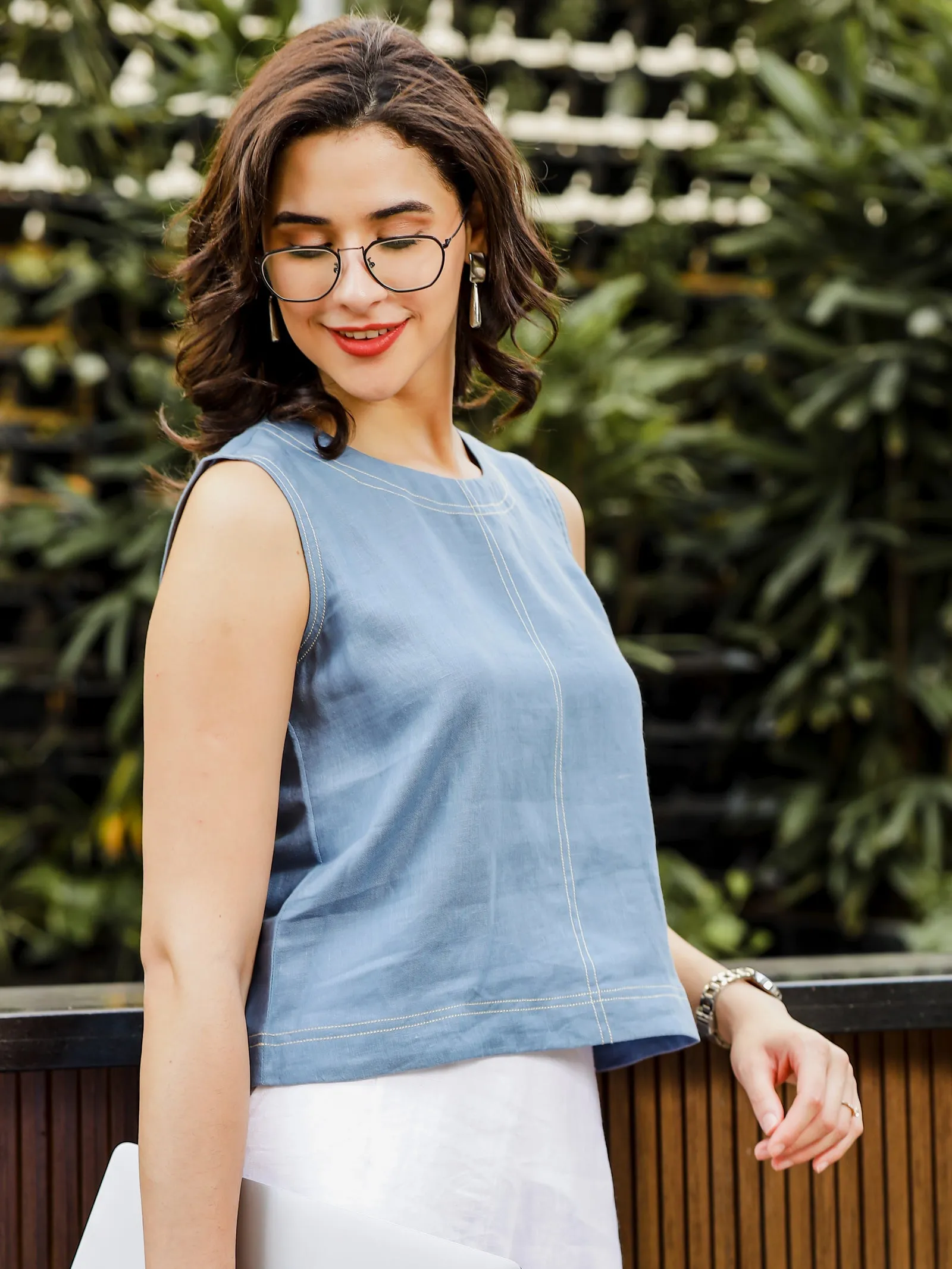 Lily - Pure Linen Sleeveless With Stitch Details - Blue Grey