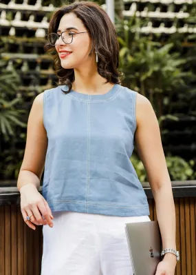 Lily - Pure Linen Sleeveless With Stitch Details - Blue Grey