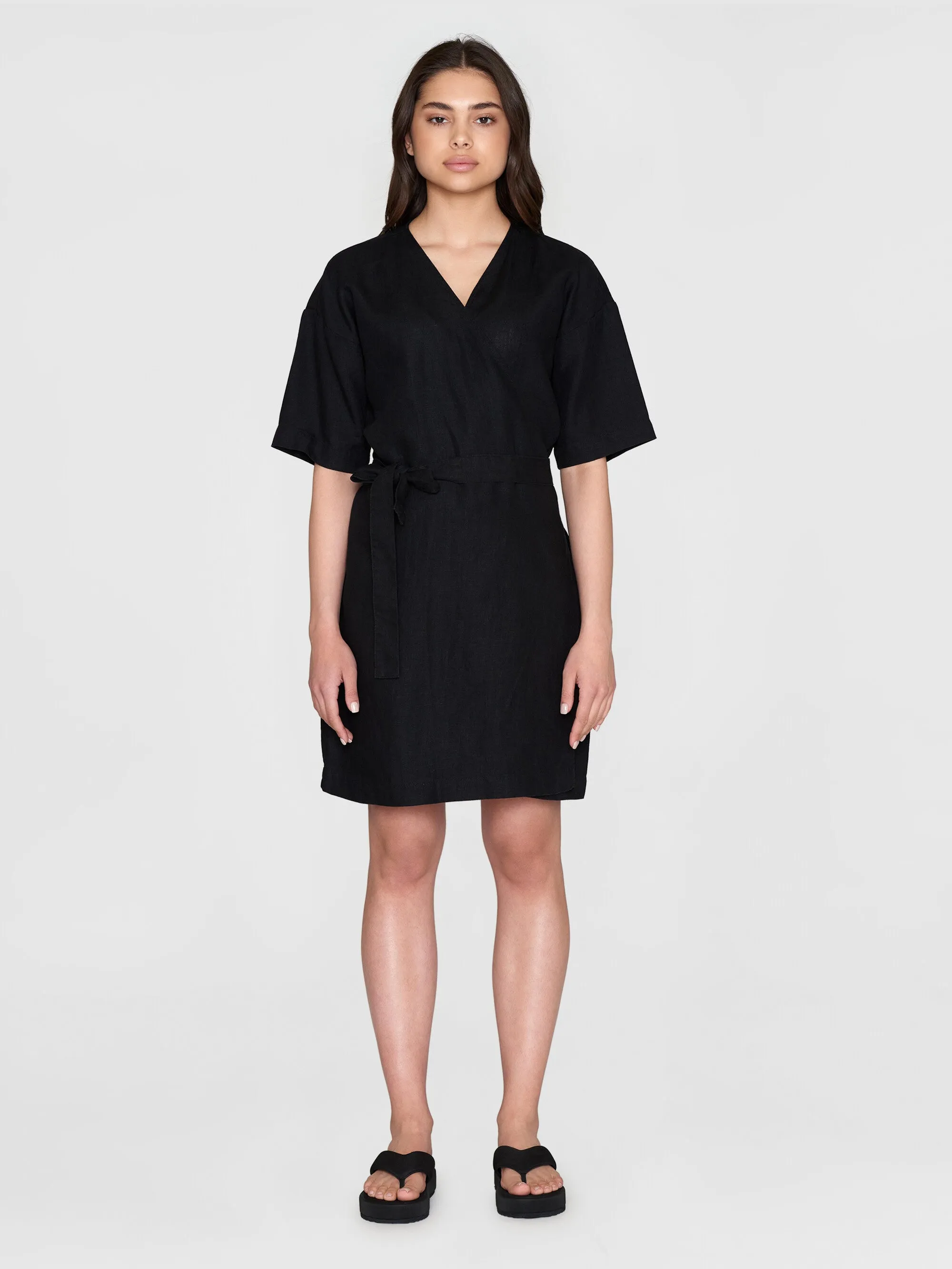 Linen short sleeved wrap dress - GOTS/Vegan - Black Jet