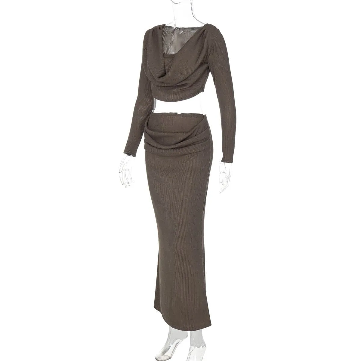 Long sleeve cowl neck ribbed maxi skirt set