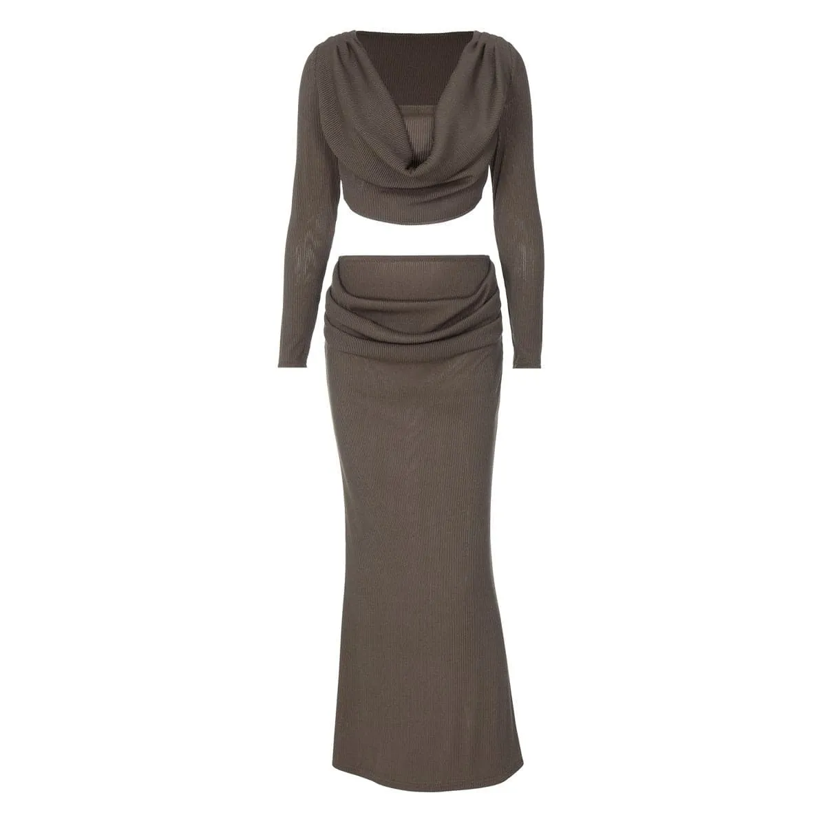 Long sleeve cowl neck ribbed maxi skirt set