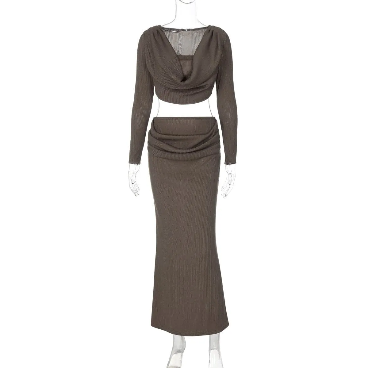 Long sleeve cowl neck ribbed maxi skirt set