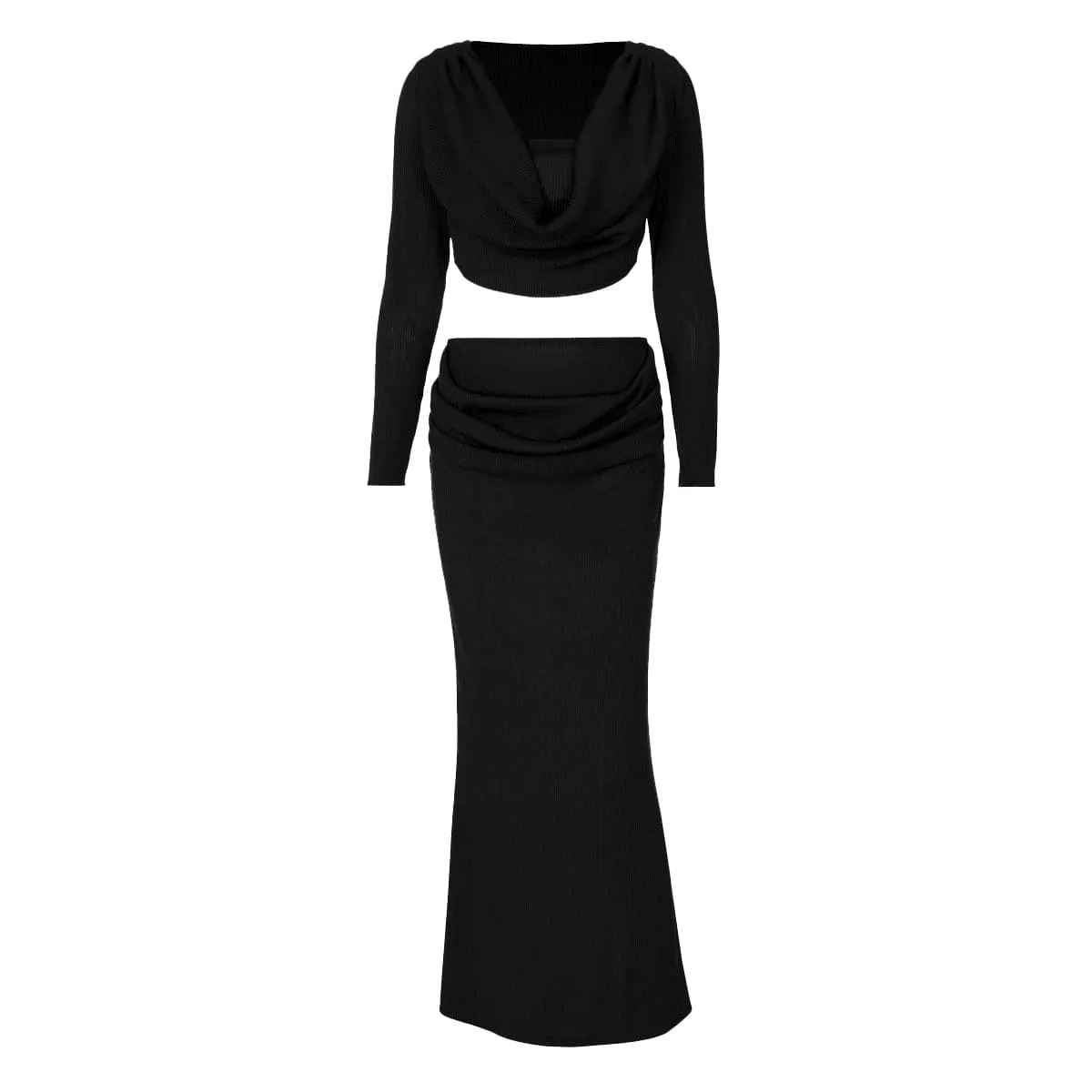 Long sleeve cowl neck ribbed maxi skirt set