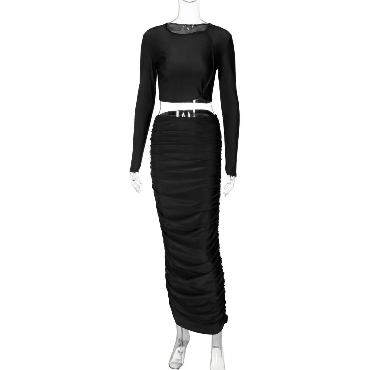 Long sleeve crewneck ruched crop maxi skirt set