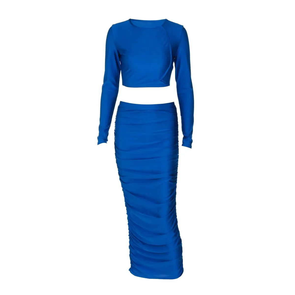 Long sleeve crewneck ruched crop maxi skirt set