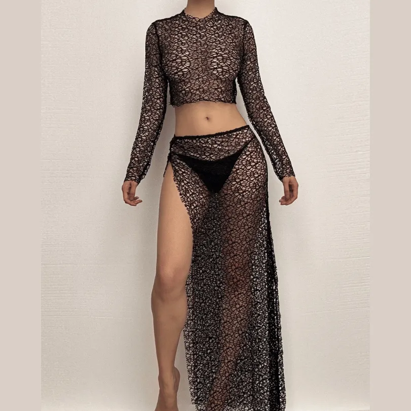 Long sleeve fishnet see through high slit maxi skirt set