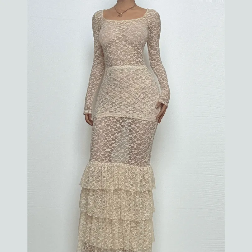 Long sleeve lace see through ruffle maxi skirt set