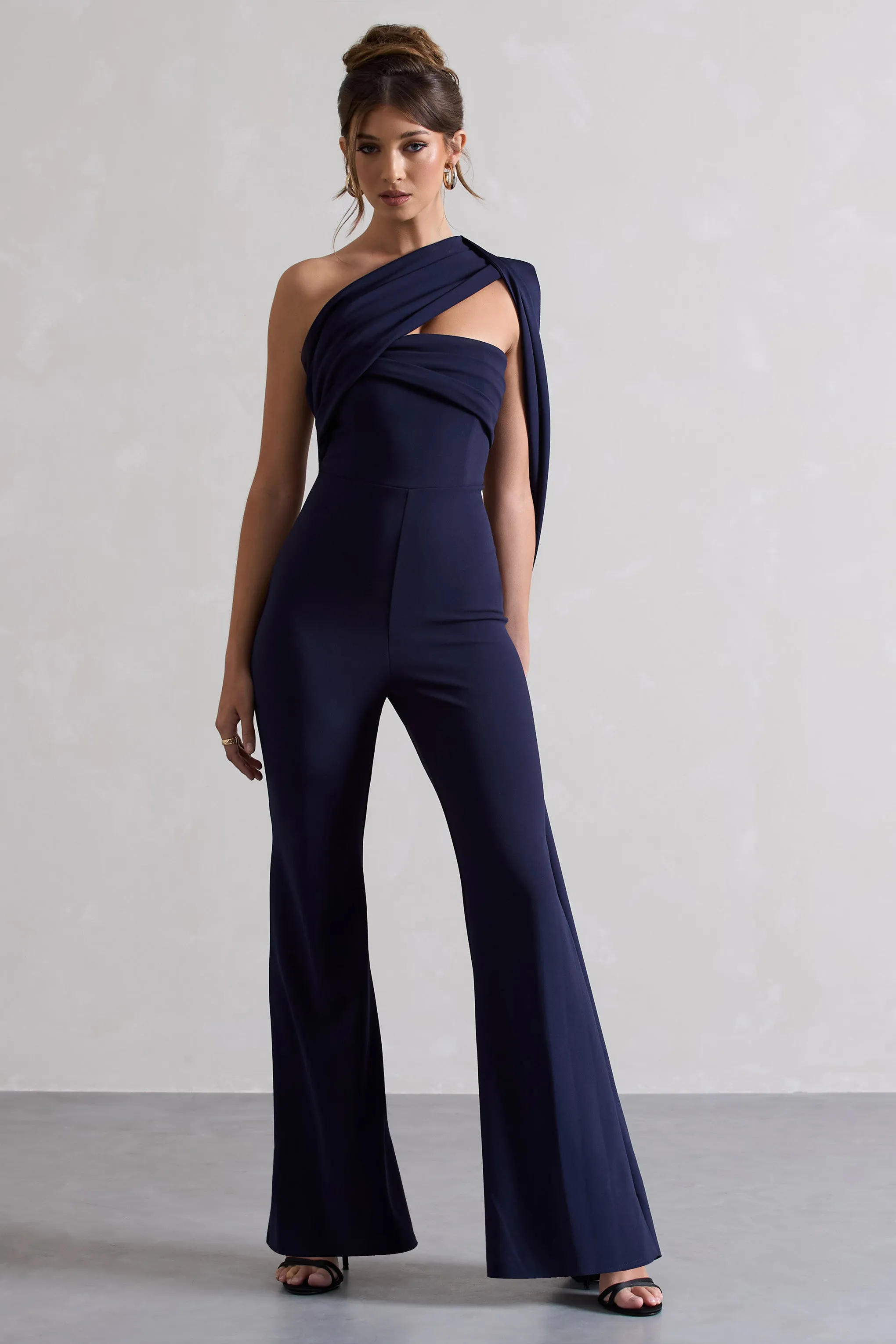 Lorah | Navy One Shoulder Wide-Leg Jumpsuit With Sash