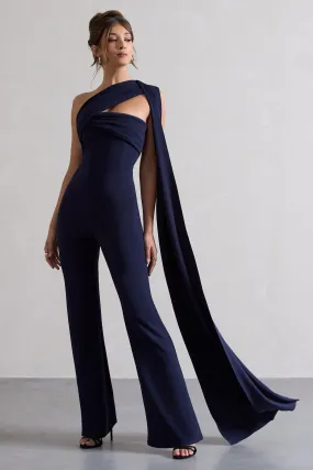 Lorah | Navy One Shoulder Wide-Leg Jumpsuit With Sash