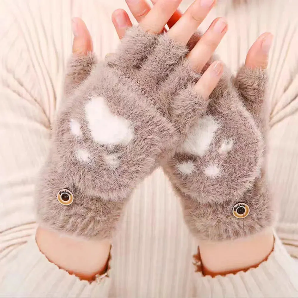 Lovely Fluffy Bear Cat Paw Claw Winter Warm Fingerless Gift Korean Style Christmas Glove