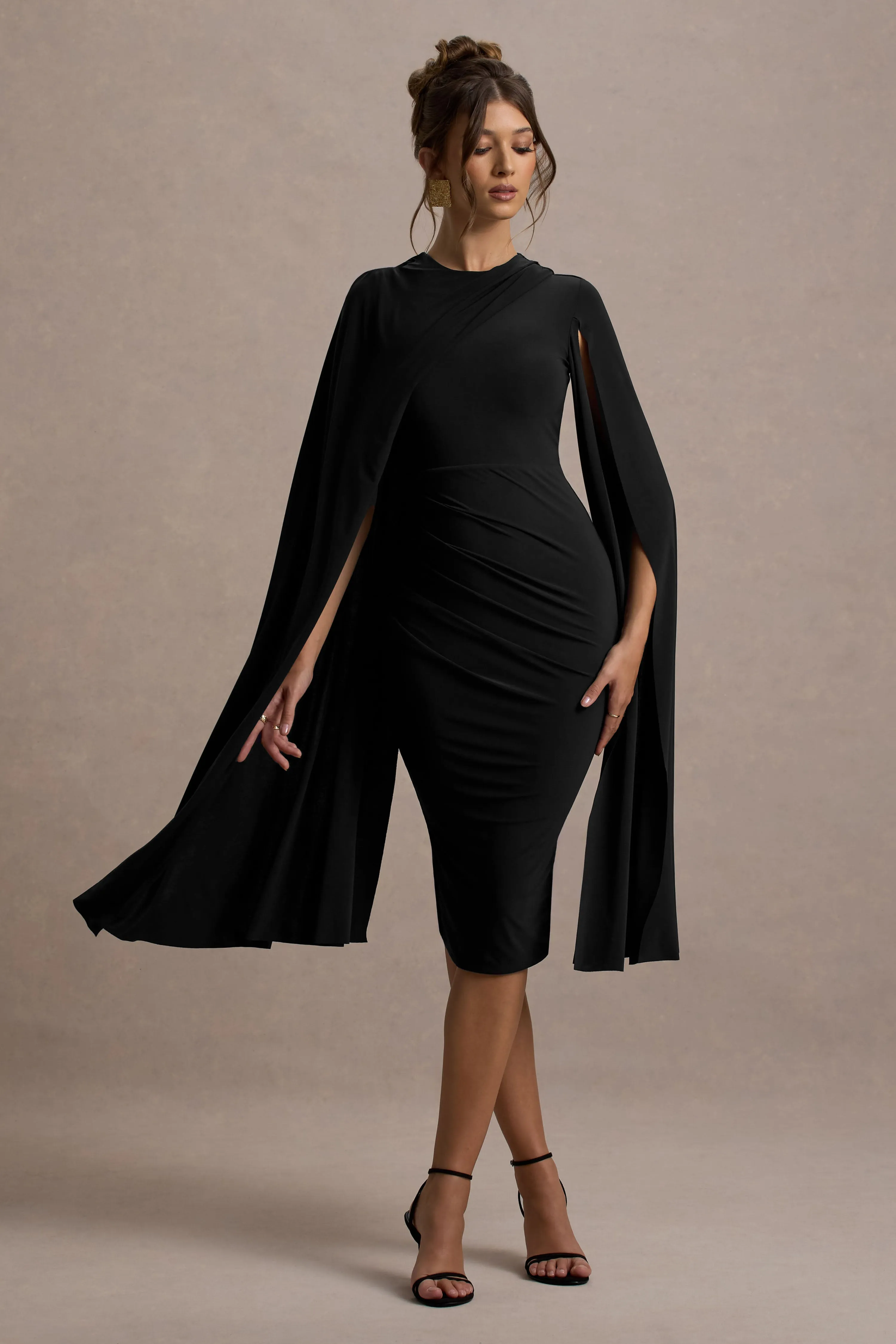 Marysol | Black Asymmetric Cape Midi Dress