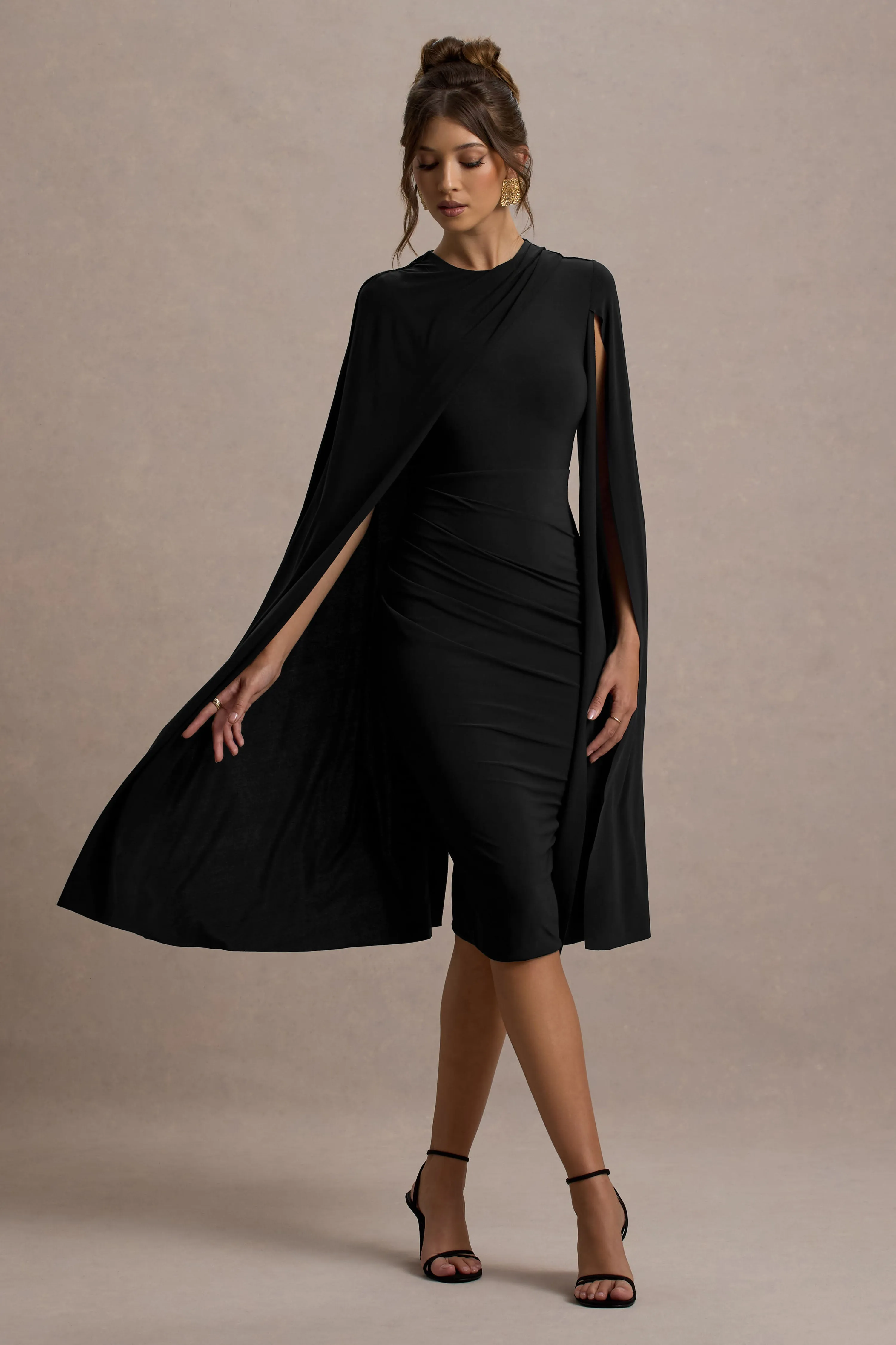 Marysol | Black Asymmetric Cape Midi Dress