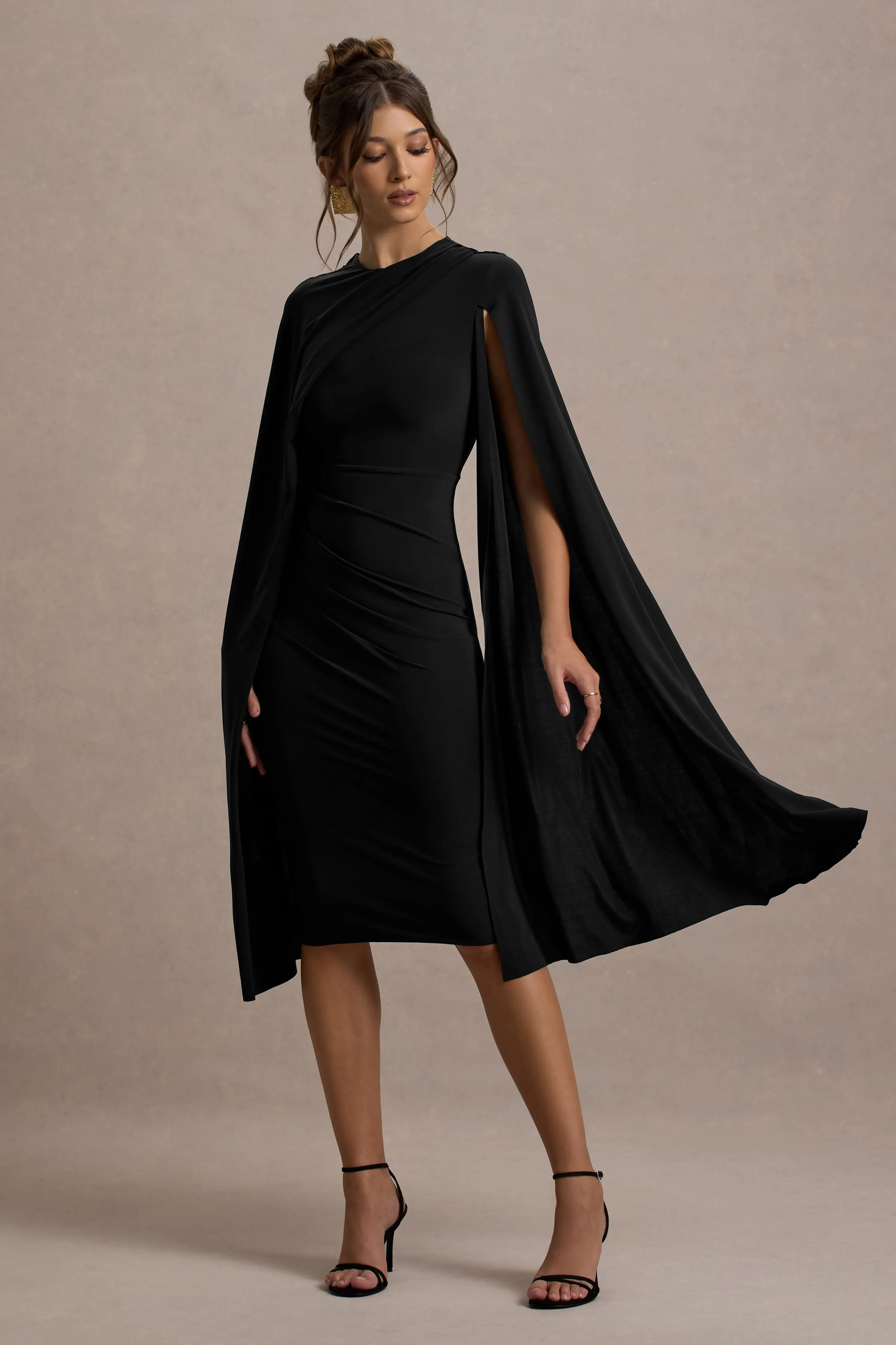 Marysol | Black Asymmetric Cape Midi Dress