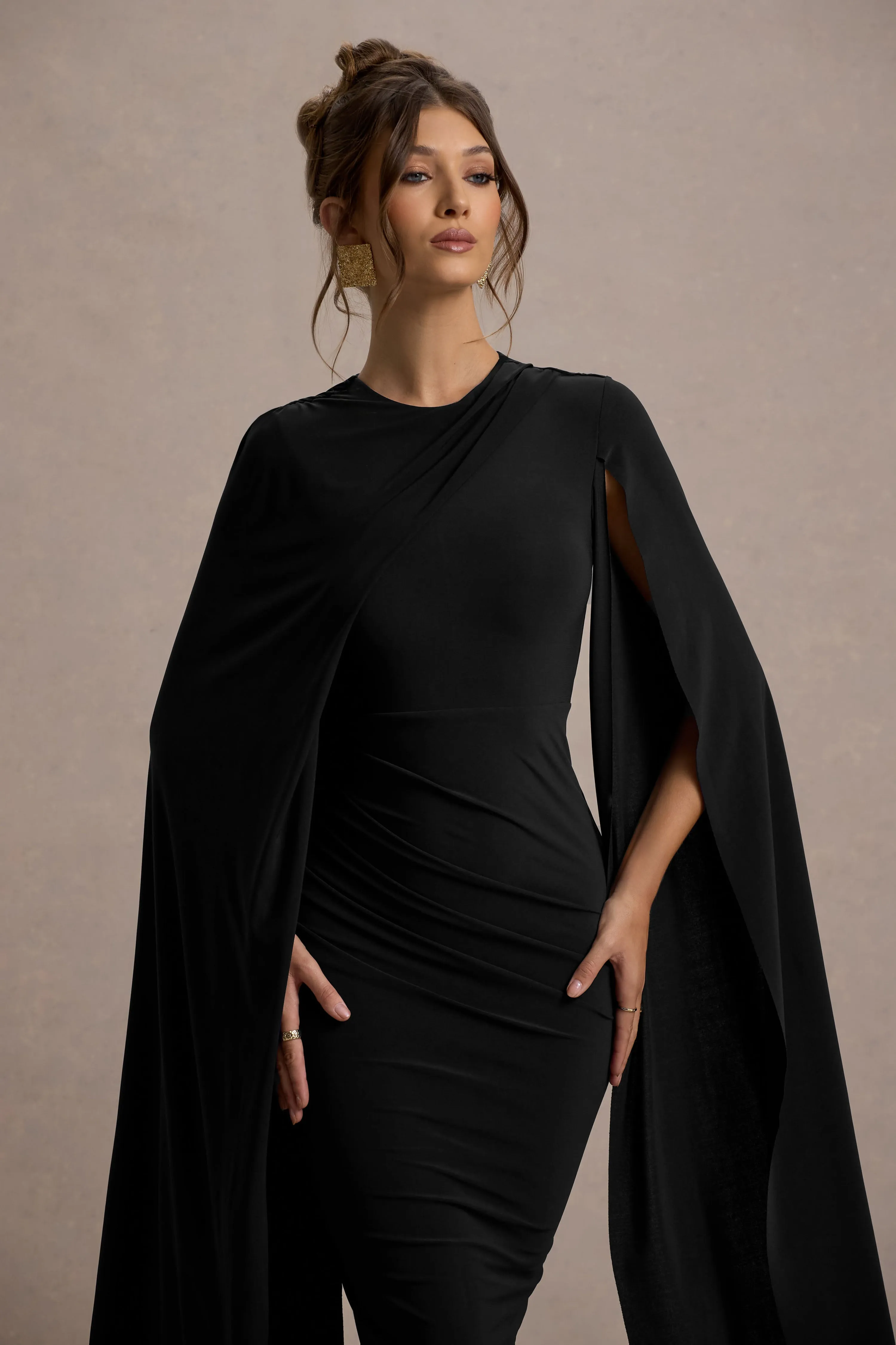 Marysol | Black Asymmetric Cape Midi Dress