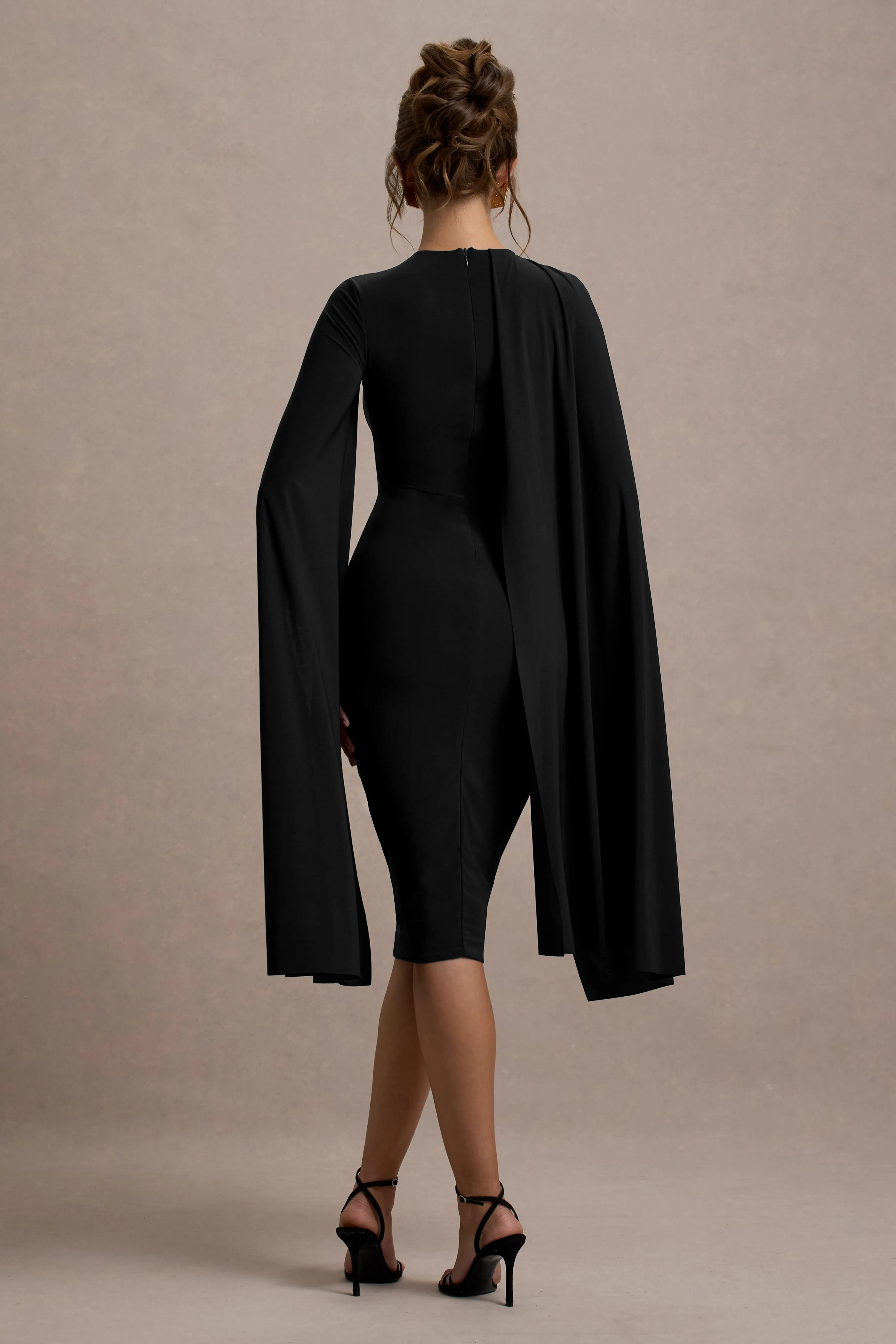 Marysol | Black Asymmetric Cape Midi Dress