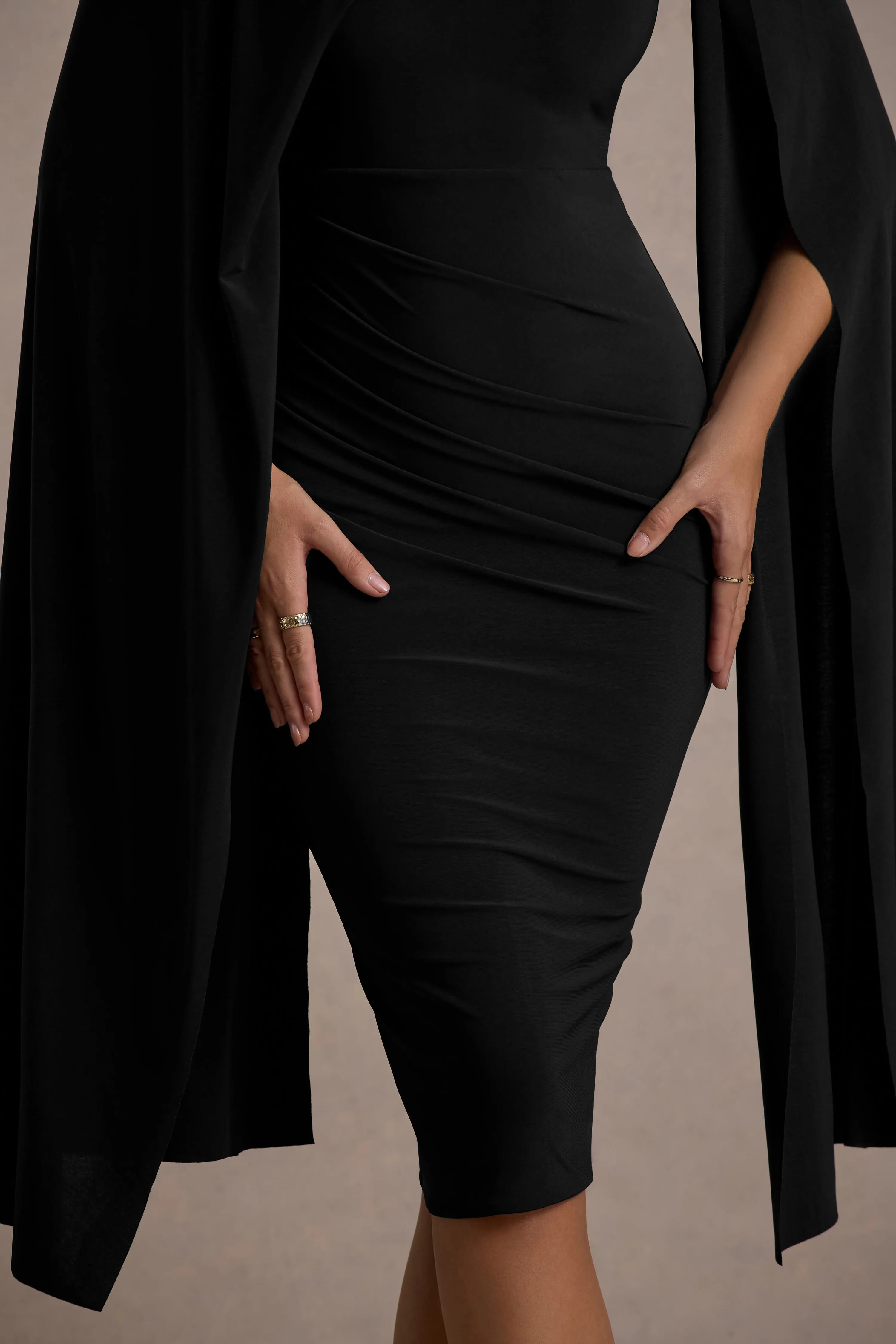 Marysol | Black Asymmetric Cape Midi Dress