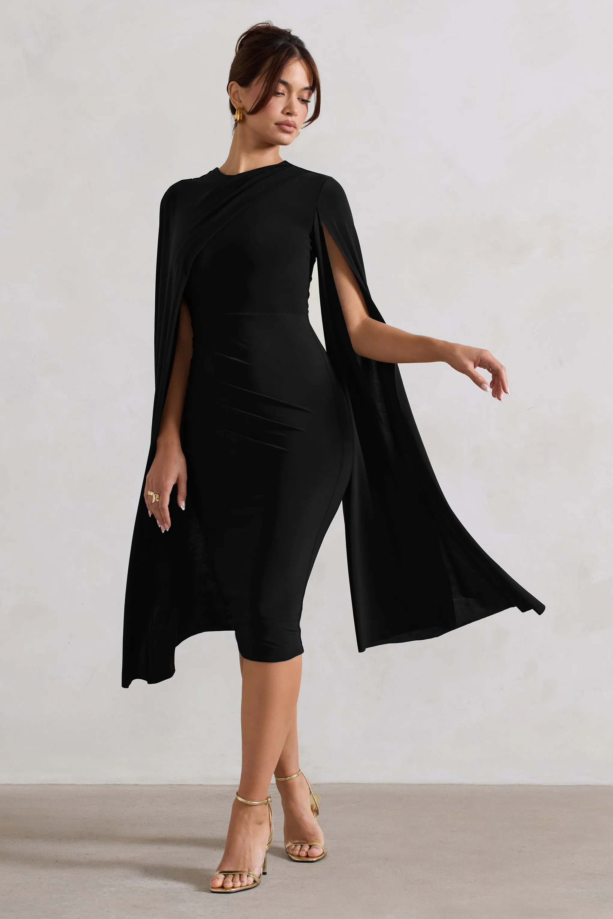 Marysol | Black Asymmetric Cape Midi Dress