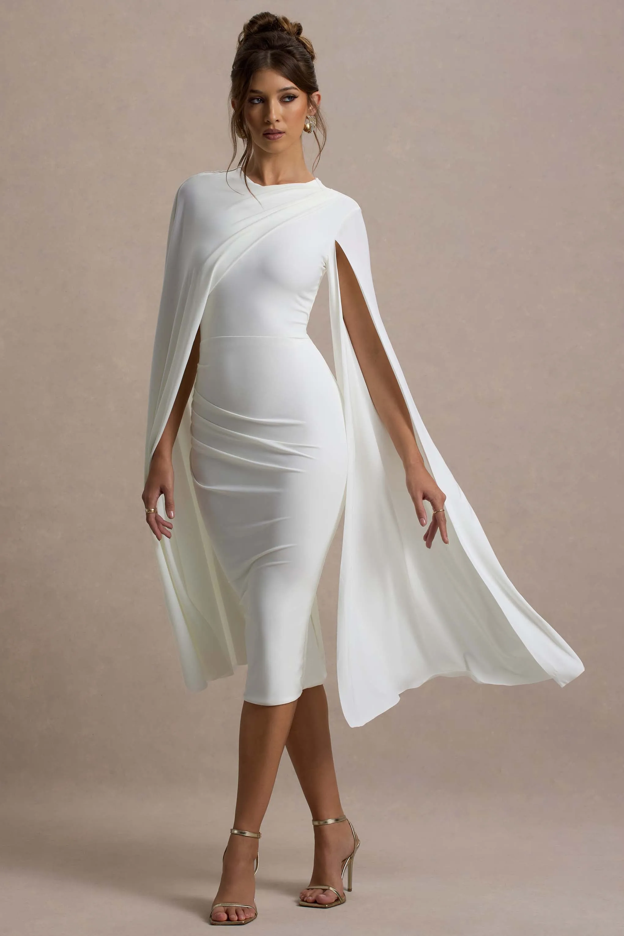 Marysol | White Asymmetric Cape Midi Dress