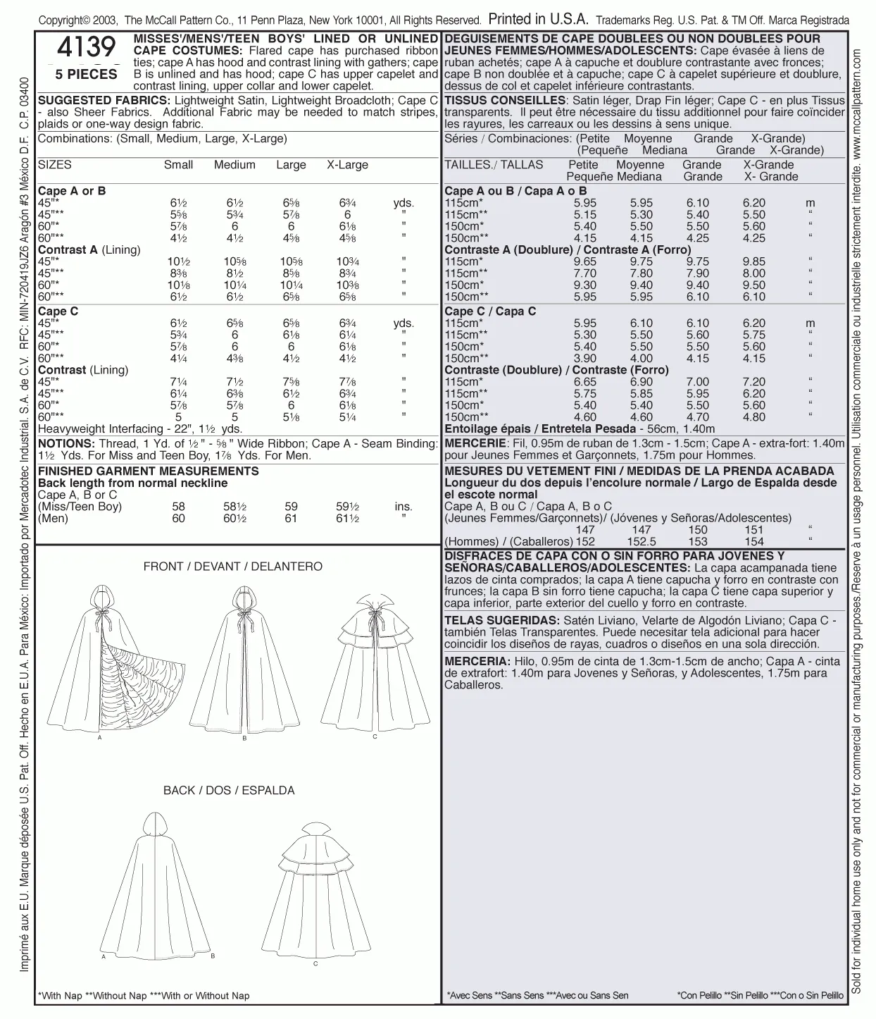 McCall's Pattern M4139 Misses'/Men's/Teen Boys' Lined & Unlined Cape Costumes