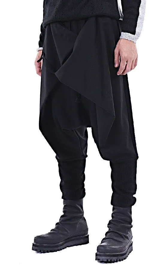 Men Casual Drop Crotch Wrap Harem Ninja Pants // Wrap Skirt Layered Joggers