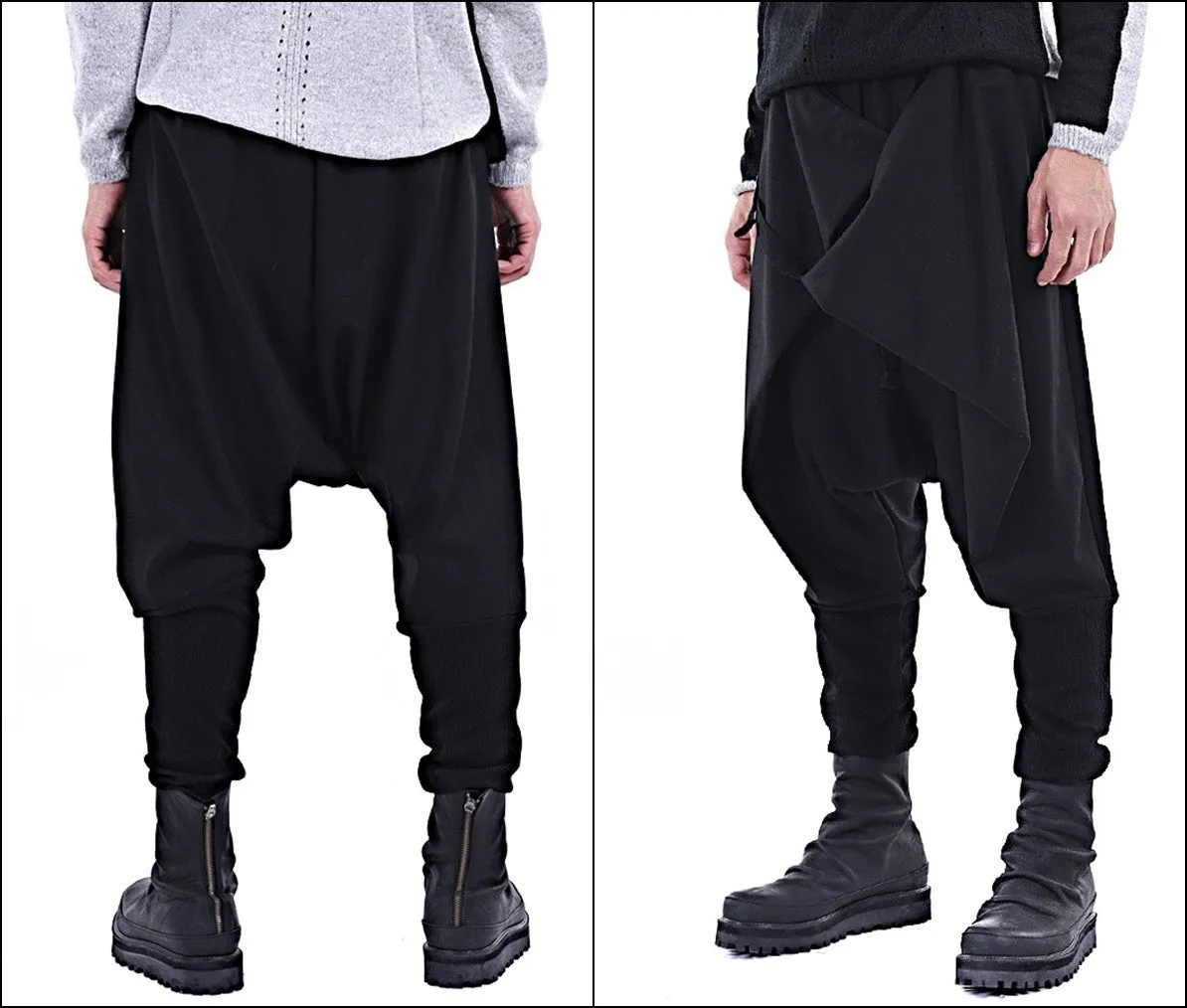 Men Casual Drop Crotch Wrap Harem Ninja Pants // Wrap Skirt Layered Joggers