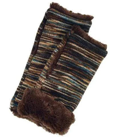 Men's Fingerless / Texting Gloves (Mid-Length) - Sweet Stripes in English Toffee with Cuddly Faux Fur