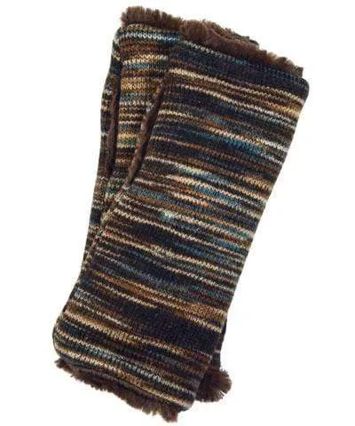 Men's Fingerless / Texting Gloves (Mid-Length) - Sweet Stripes in English Toffee with Cuddly Faux Fur