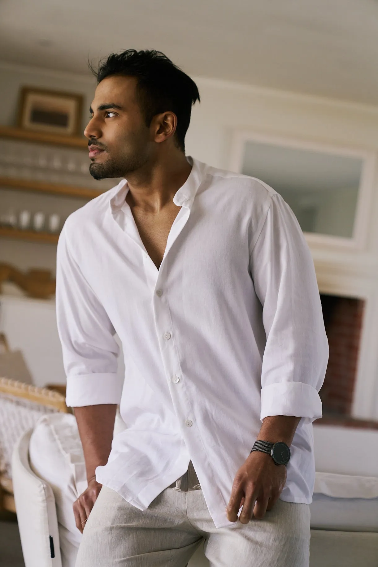 Mens Mandarin Long Shirt | White