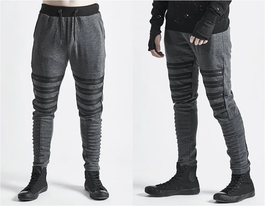 Men's Zipper Knee Korean Style Casual Biker Pants / Tapered Fitted Jogger Trouser