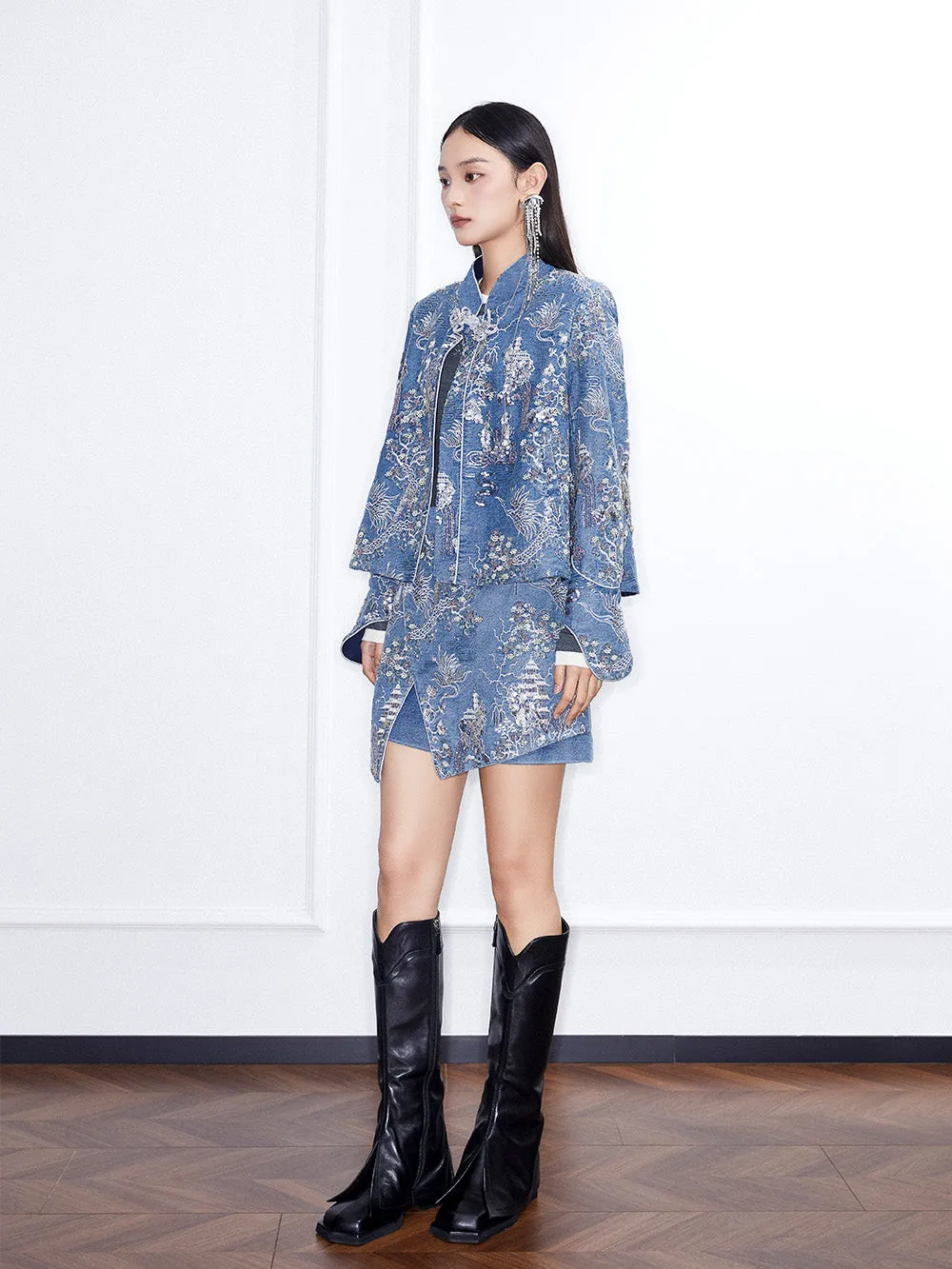 MUKZIN Linglong“Denim Series”Heavy Embellished Sequin Embroidery Asymmetrical Denim Skirt