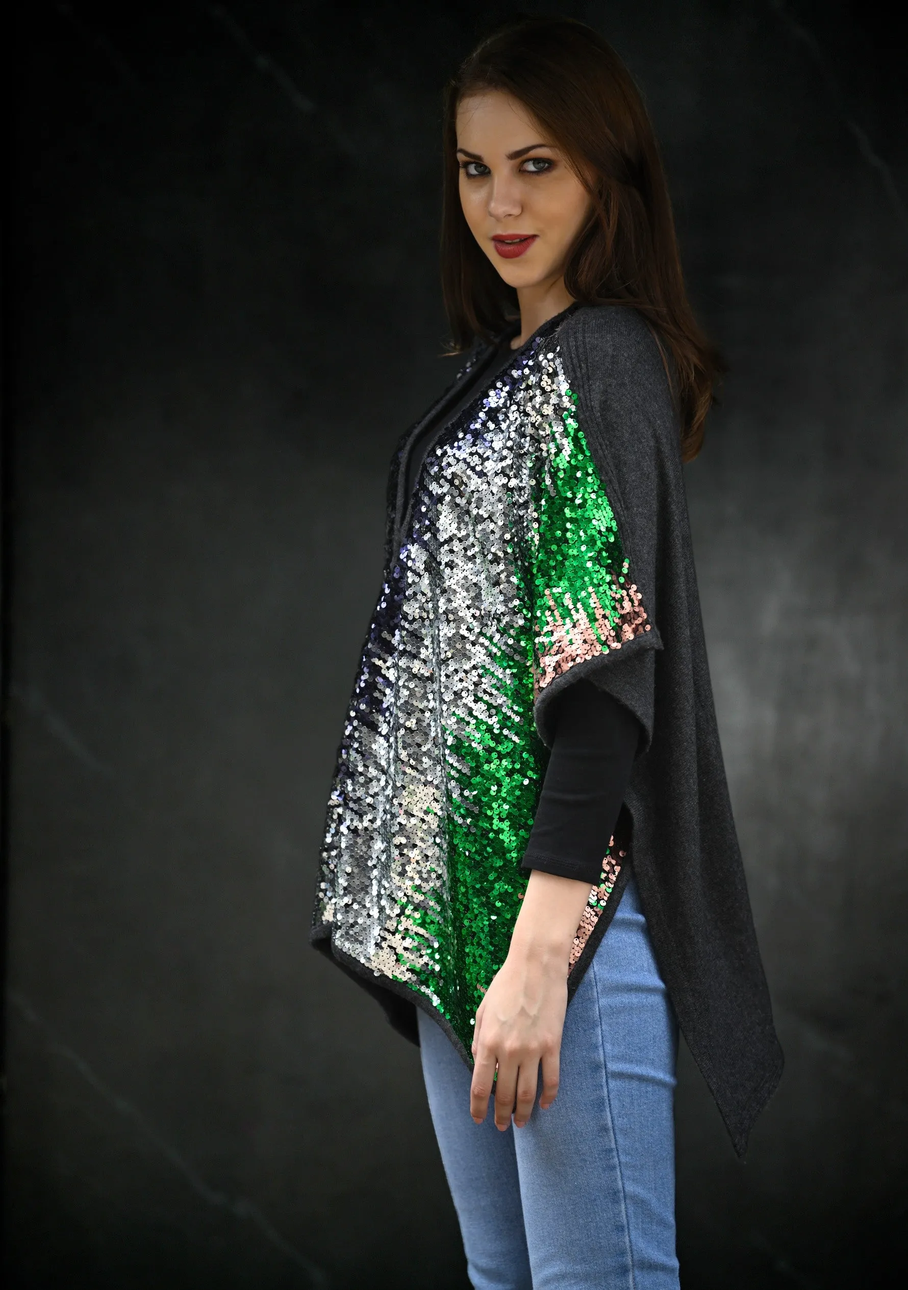 Multi Color Sequin and Charcoal Melange Knitted Fine Wool Cape